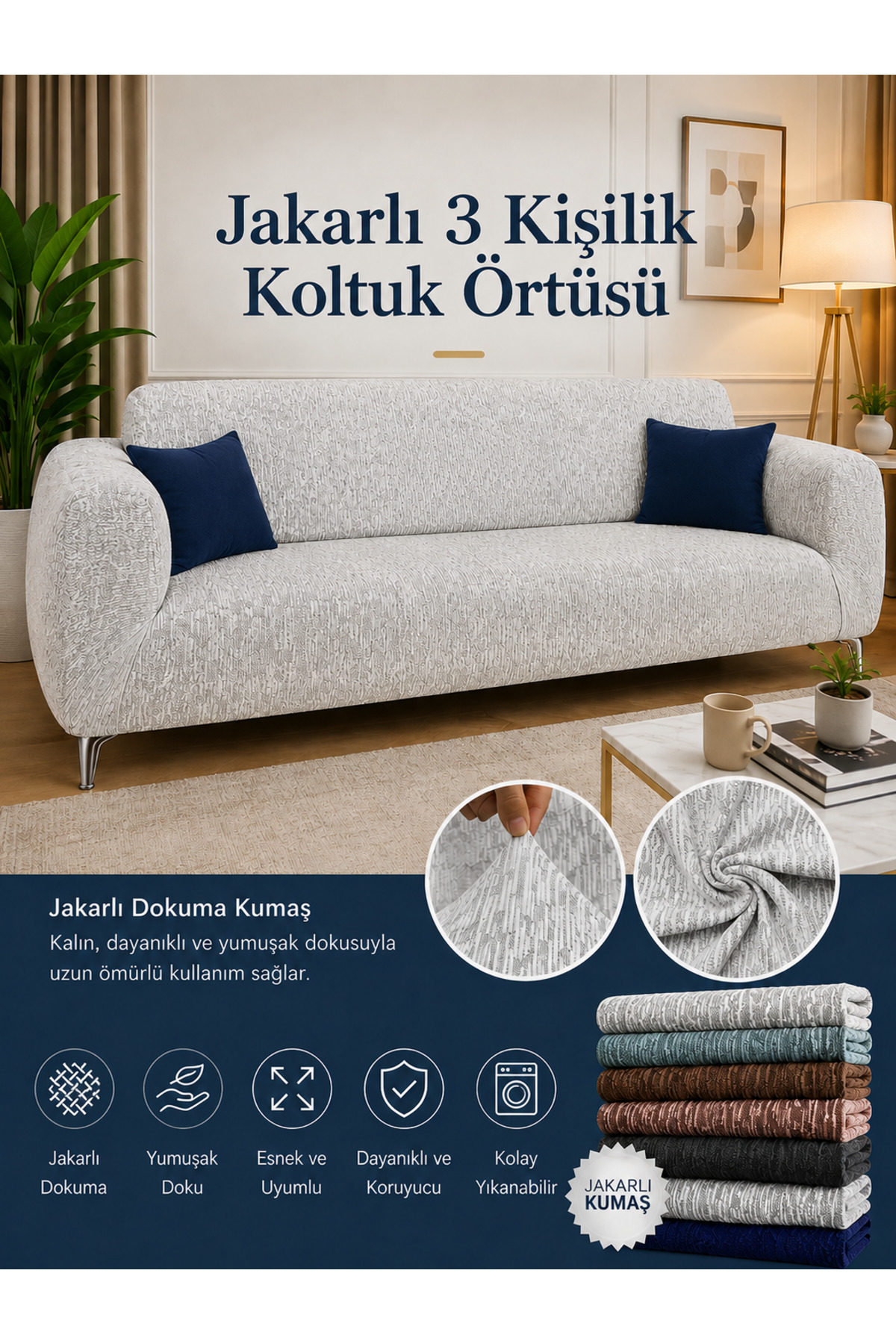 Plain Jacquard 3 Seater Stone-gray Sofa Cover | Rubber Seat Cover |sofa bed Cover| seat cover