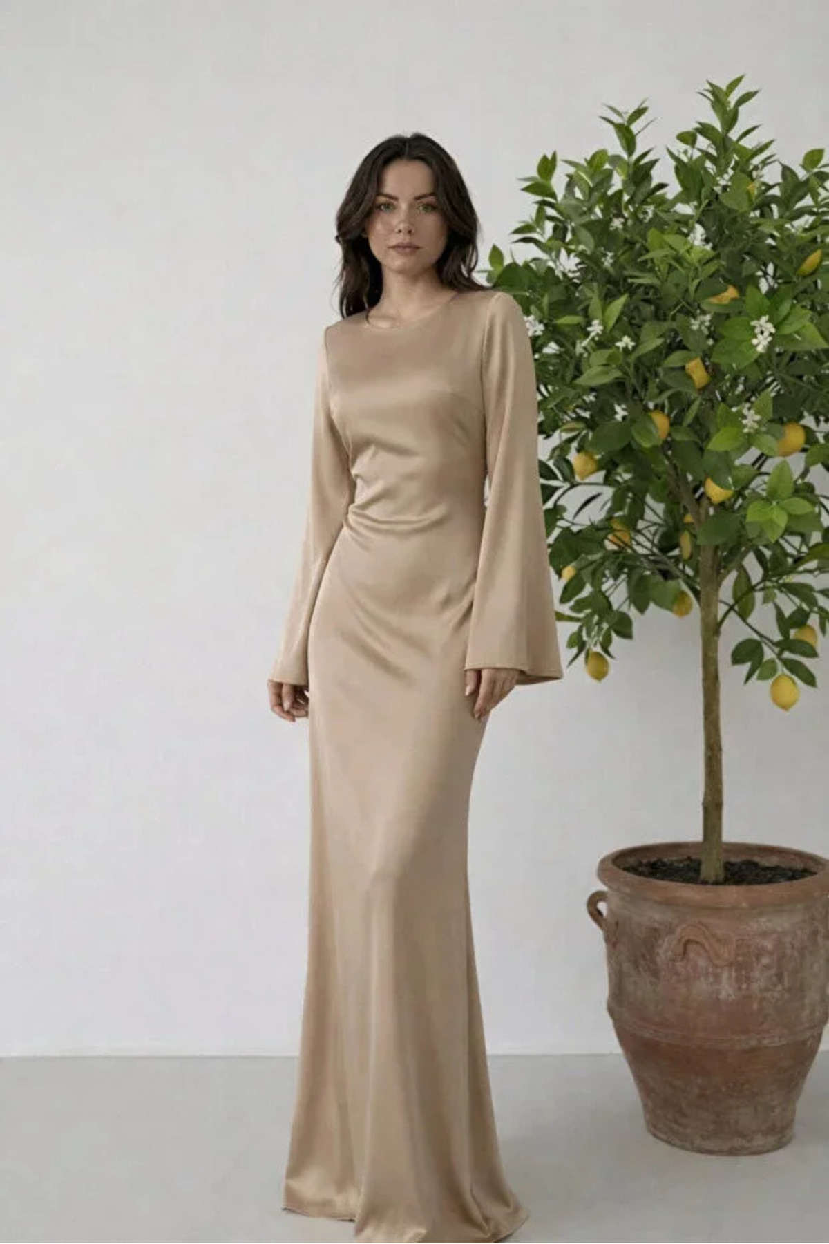 Hijab Evening Dress with Back Tie Detail Beige
