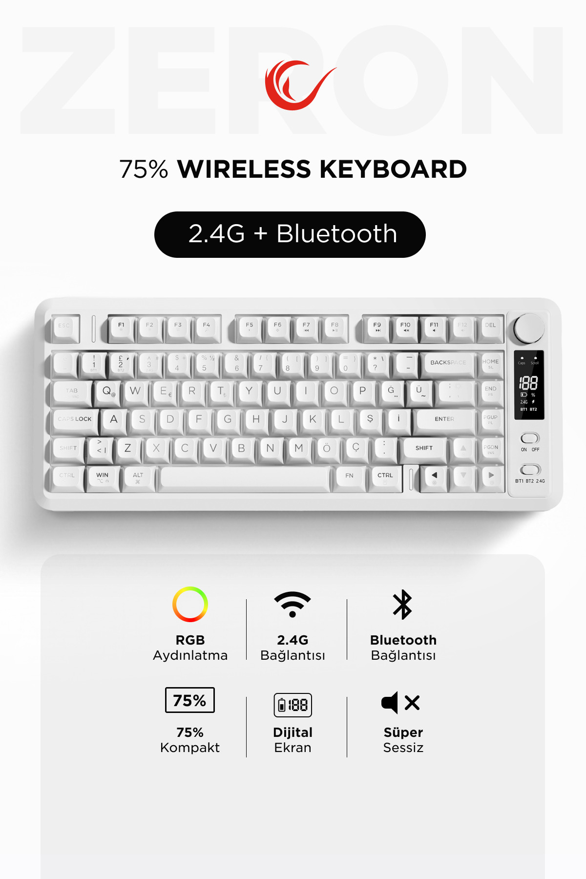 RM-K87 Zeron White Wireless RGB Gaming Keyboard 2.4G + Bluetooth 75% Q Turkish Gaming Keyboard