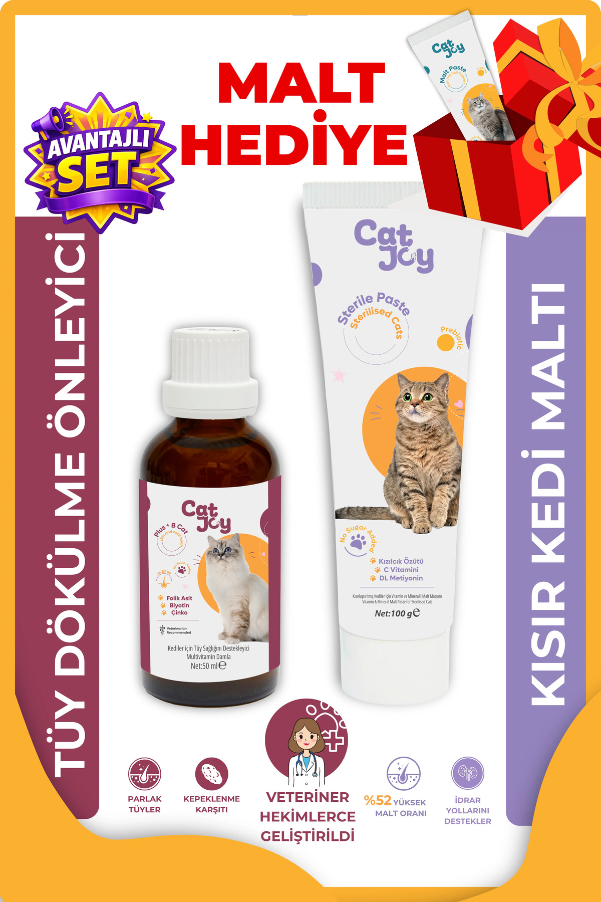 CATJOY Süper 2 li Paket Sterile Malt Macun 100gr Ve B Plus Kedi Tüy Damlası 50ml - Fiyatı, Yorumları