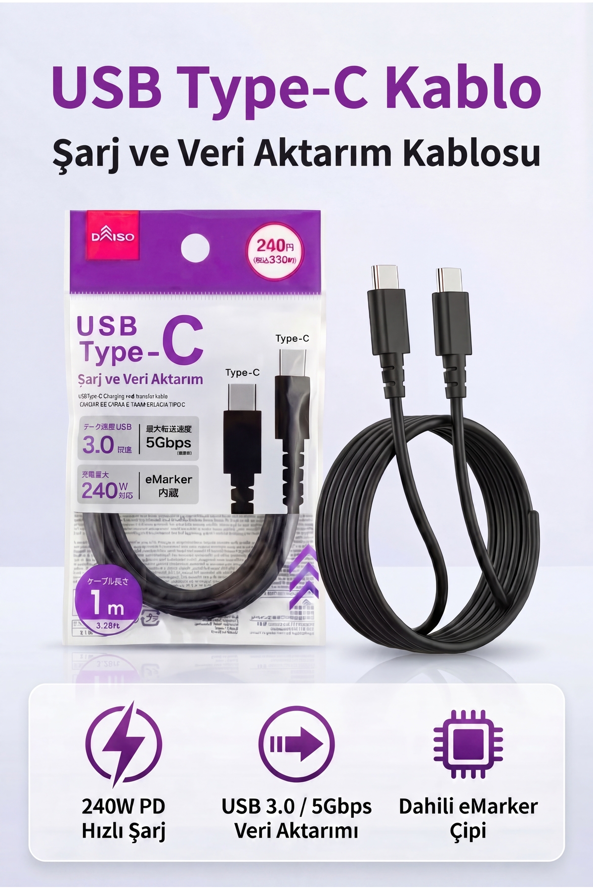 240W Type-C to Type-C Fast Charging Data Transfer Cable PD Support USB 3.0 (5Gbps) with eMarker Chip