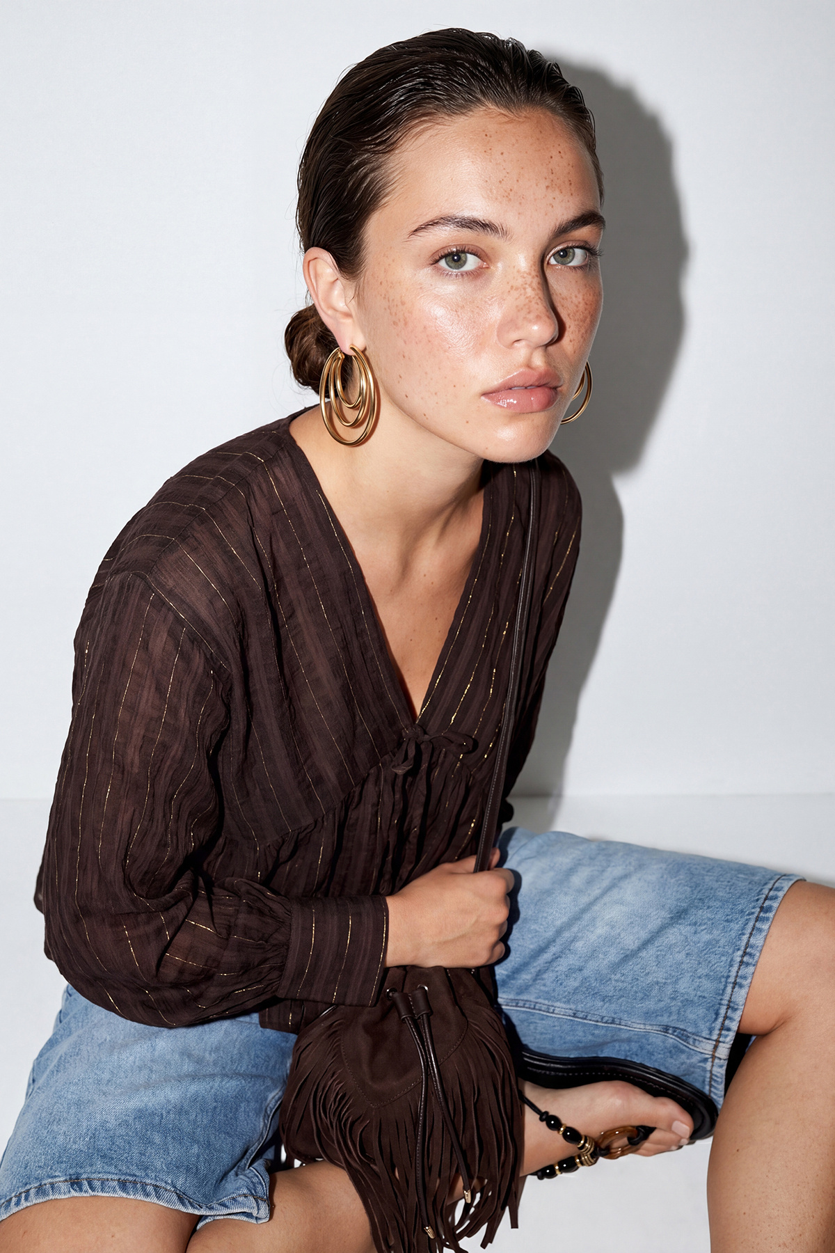 Drop by TrendyolMilla Brown Linen Blend V-Neck Long Sleeve Tencel Blouse Tdrss26Bz00018