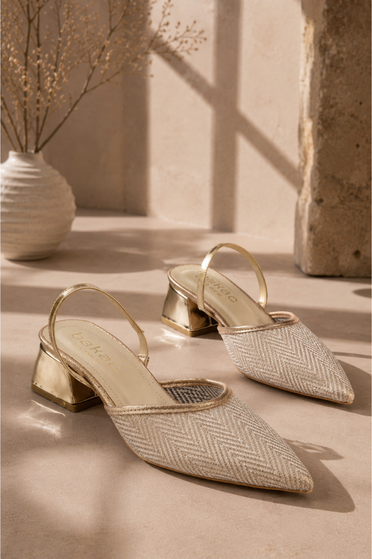 Women's Gold Shiny Transparent Fabric Short Heel Shoes