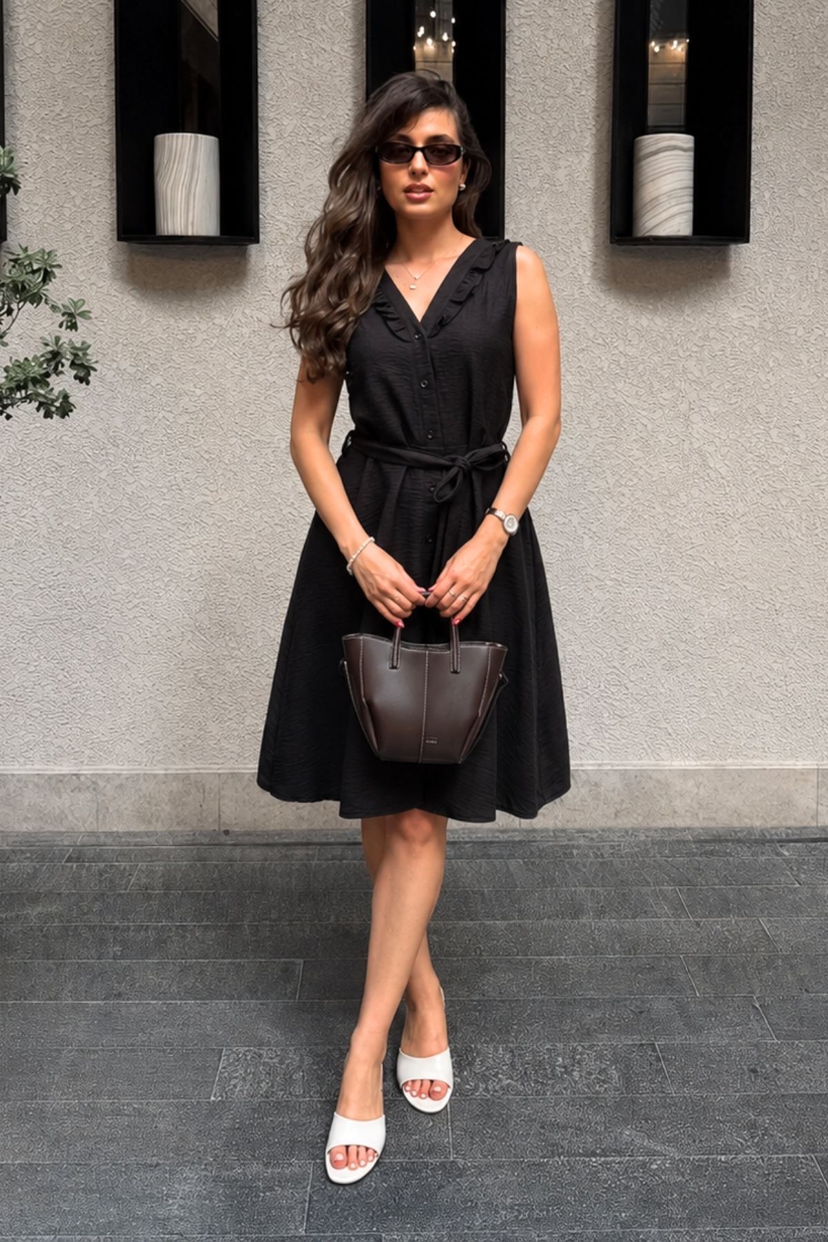 Women's Black V-Neck Ruffled Button Front Midi Size Dress with Waist Belt ARM-26Y001089