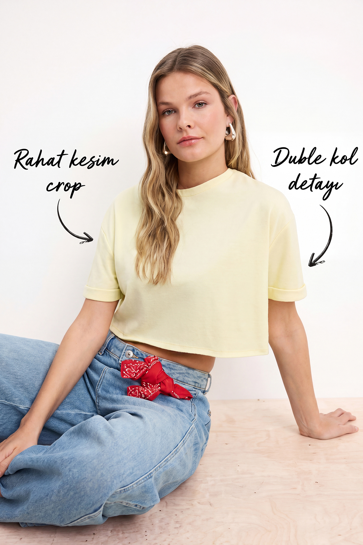 Trendyolmilla Sarı Boxy Düşük Kol Kısa Kollu Crop/Kısa %100 Pamuk Örme T-Shirt TWOSS26TS00183
