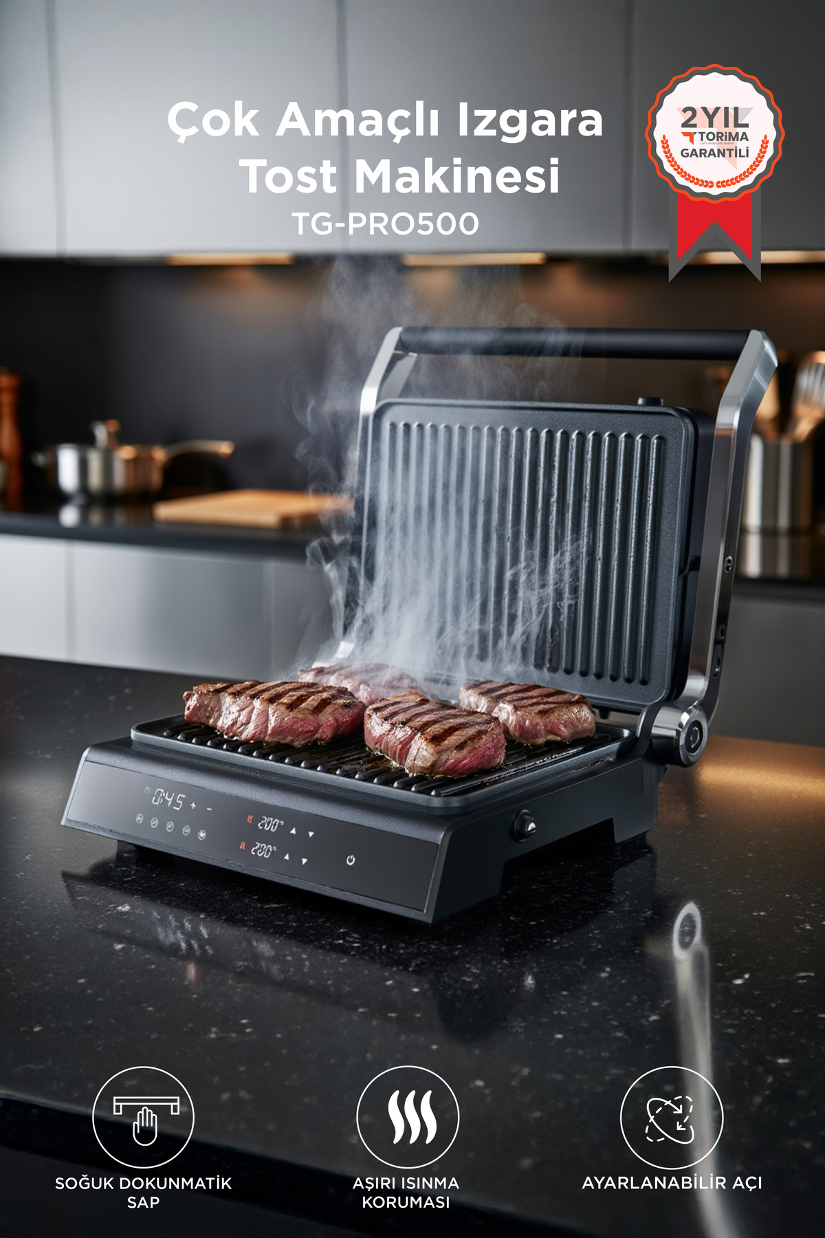 Torima Tost Makinesi 2000W Dijital Ekranlı Çıkarılabilir Plakalı Izgara Makinesi TG PRO500 Siyah
