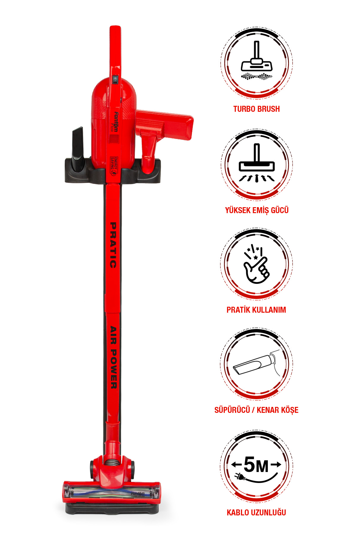Pratic Air Power P 1250 Red Bagless Rotary Turbo Head Vertical Vacuum Cleaner