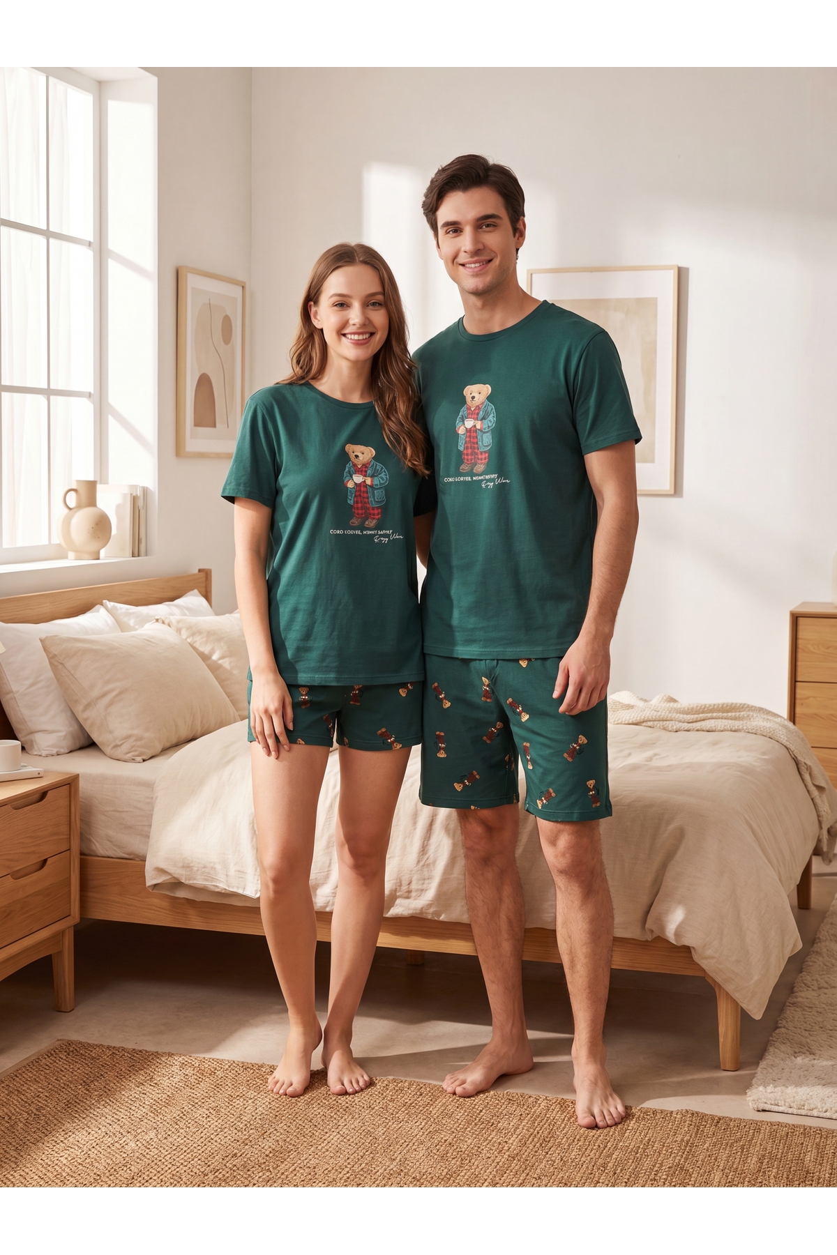 Trendyolmilla Man Unisex Yeşil Regular Ayıcık Baskılı T-shirt - Şort Pijama Takımı TMNSS26PT00010