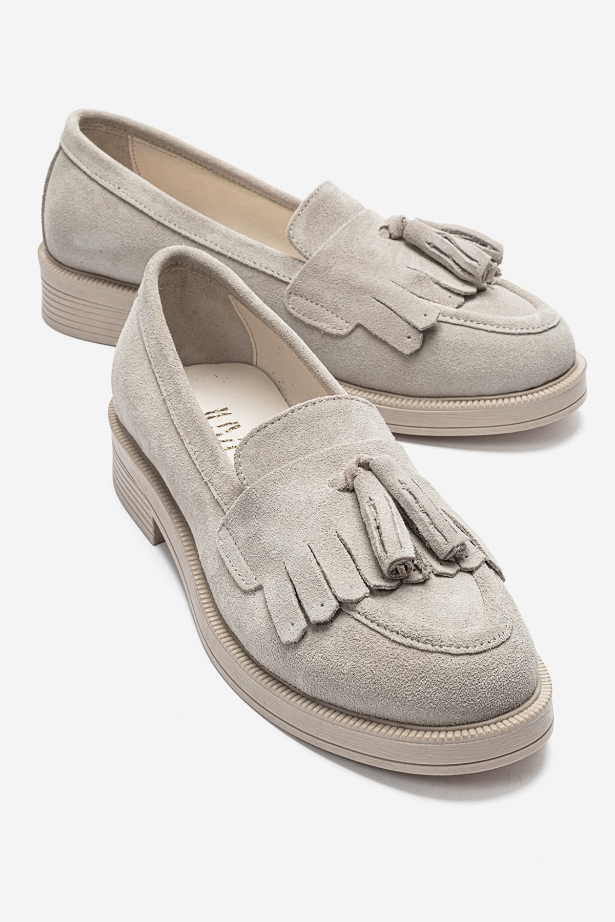 Milina Beige Suede Fringed Genuine Leather Women's Loafer Shoes