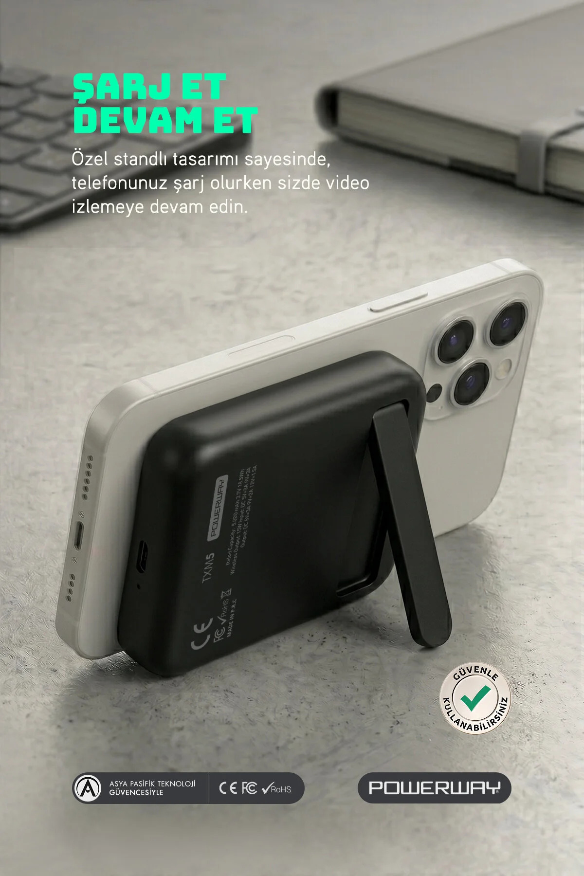 5.000 mAh PD 15W Magsafe Kablosuz Wireless Taşınabilir Şarj Cihazı Siyah Powerbank TXM5 6