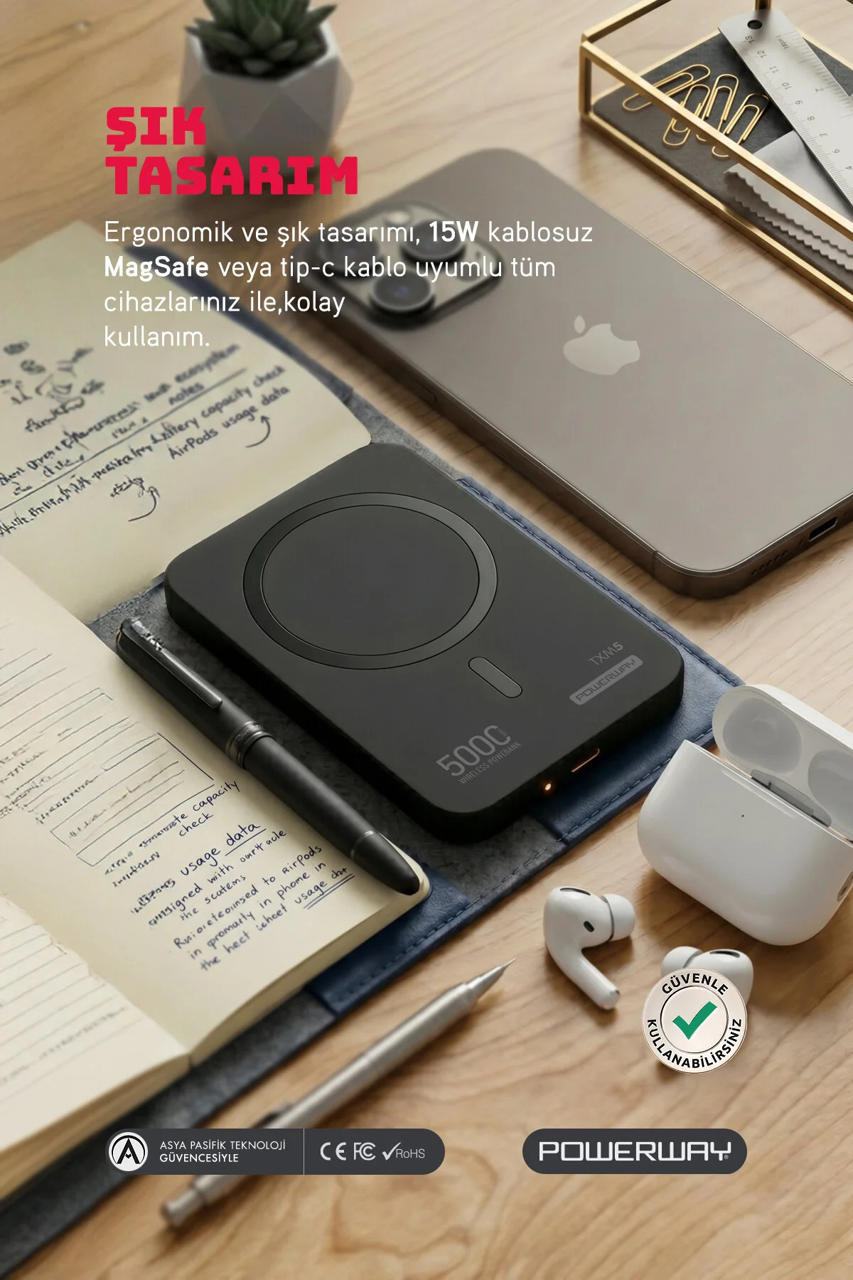 5.000 mAh PD 15W Magsafe Kablosuz Wireless Taşınabilir Şarj Cihazı Siyah Powerbank TXM5 5