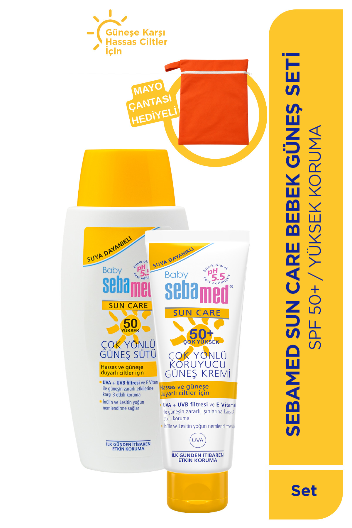 Sebamed Bebek Güneş Seti SPF 50+ Güneş Kremi 75 ml ve Güneş Koruyucu 100 ml Çok Yönlü Makyaj Çantası Hediye — SET.SBMD.3