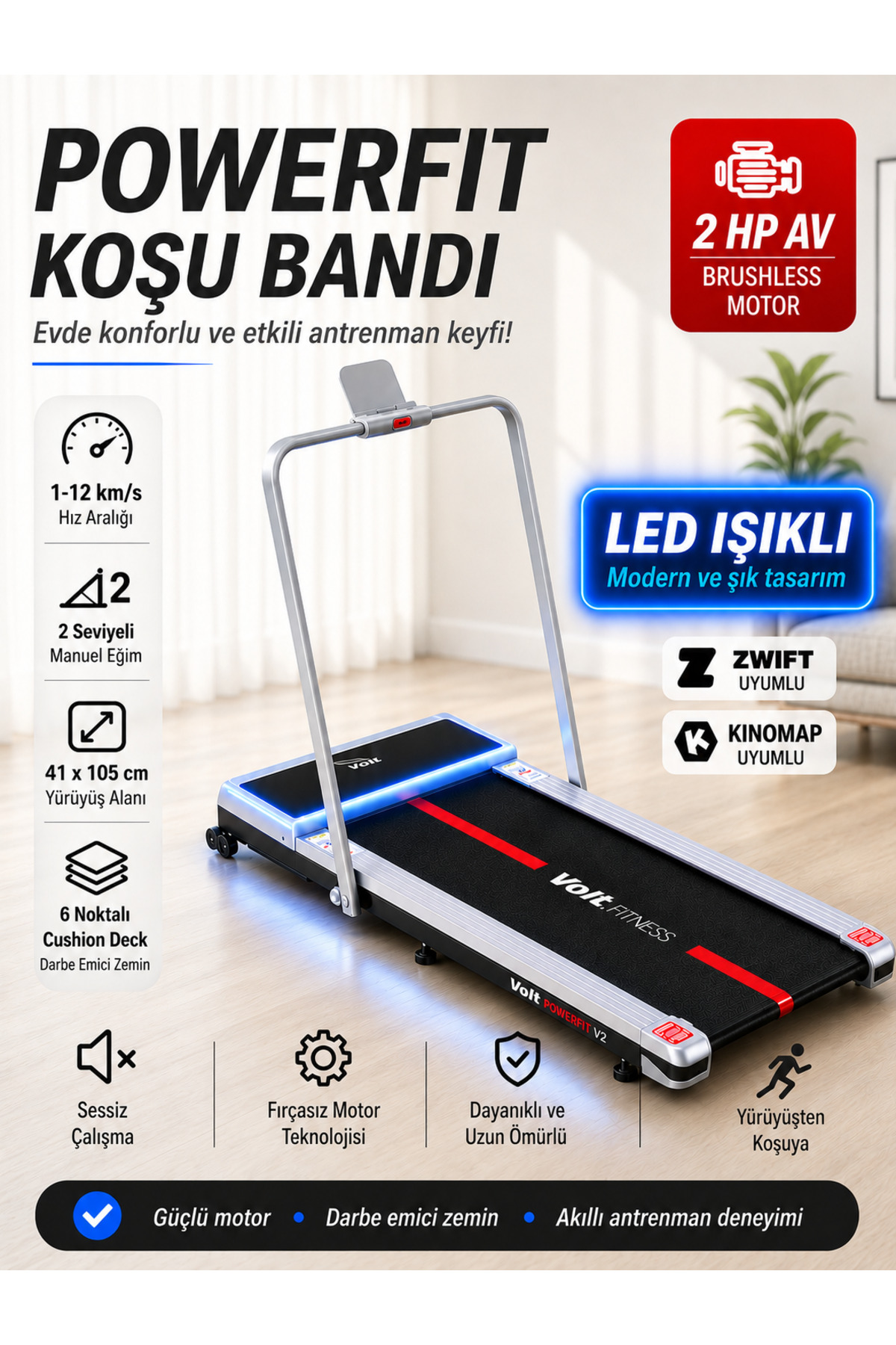 Powerfit 12 km/h Foldable Treadmill | Bluetooth, Brushless Motor, Illuminated led, Manual Inclined