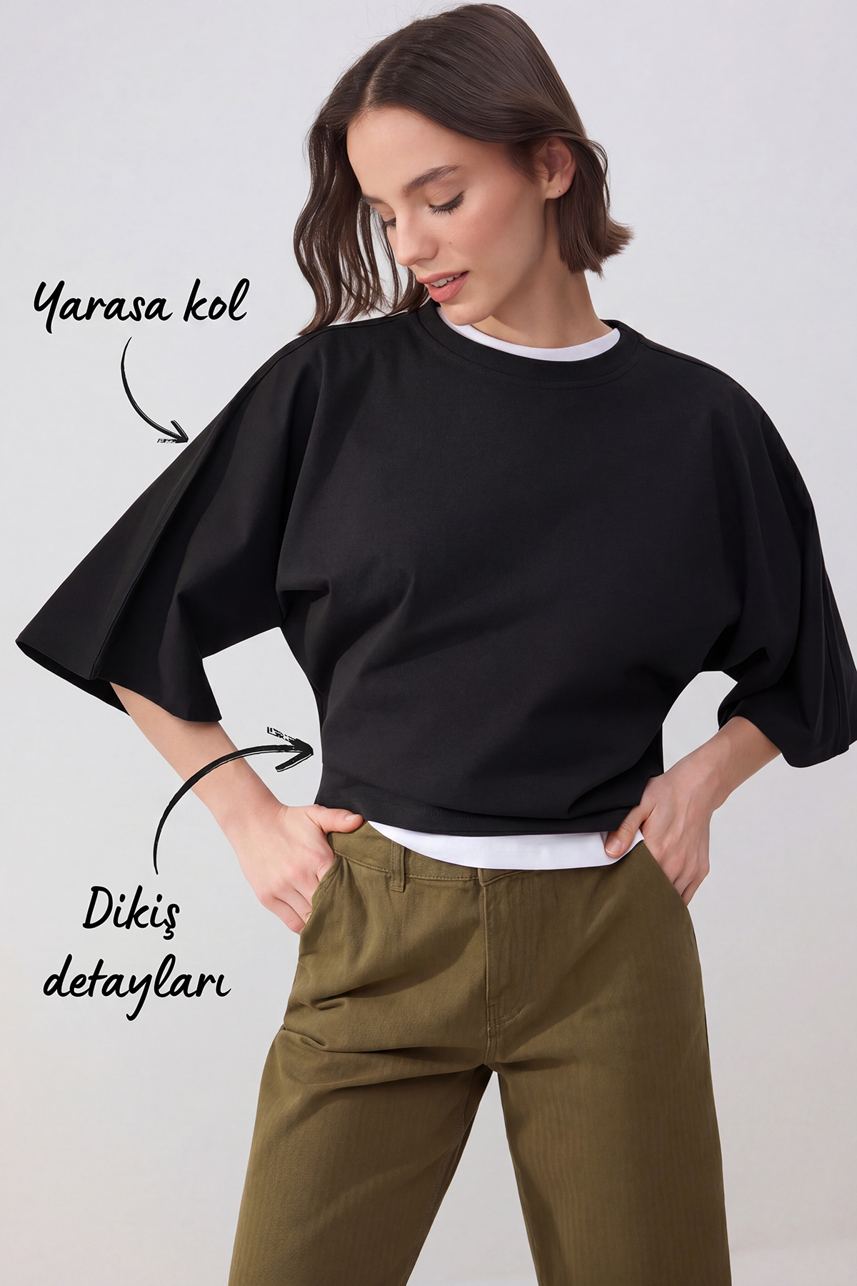 Trendyolmilla Wardrobe Essentials-Siyah Geniş Kalıp Yarasa Kol %100 Pamuk Örme T-Shirt TWOSS26TS00047