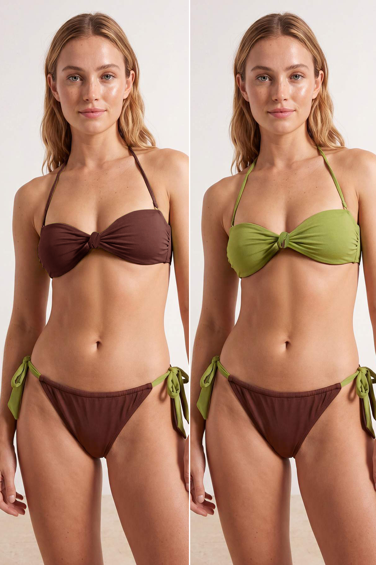Trendyolmilla Kahverengi Haki Renk Bloklu Straplez Kaplı Düşük Bel Regular Bikini Takımı TBESS26BT00165
