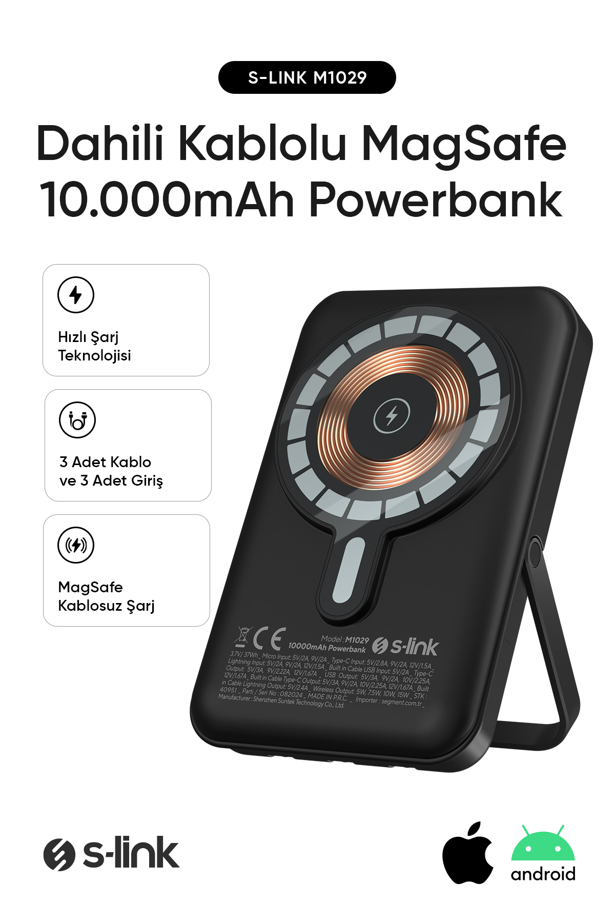 S-Link M1029 10000MAH Magsafe 15W HSC22.5W+PD20W+QC3.0 Black LCD Portable Charger Powerbank