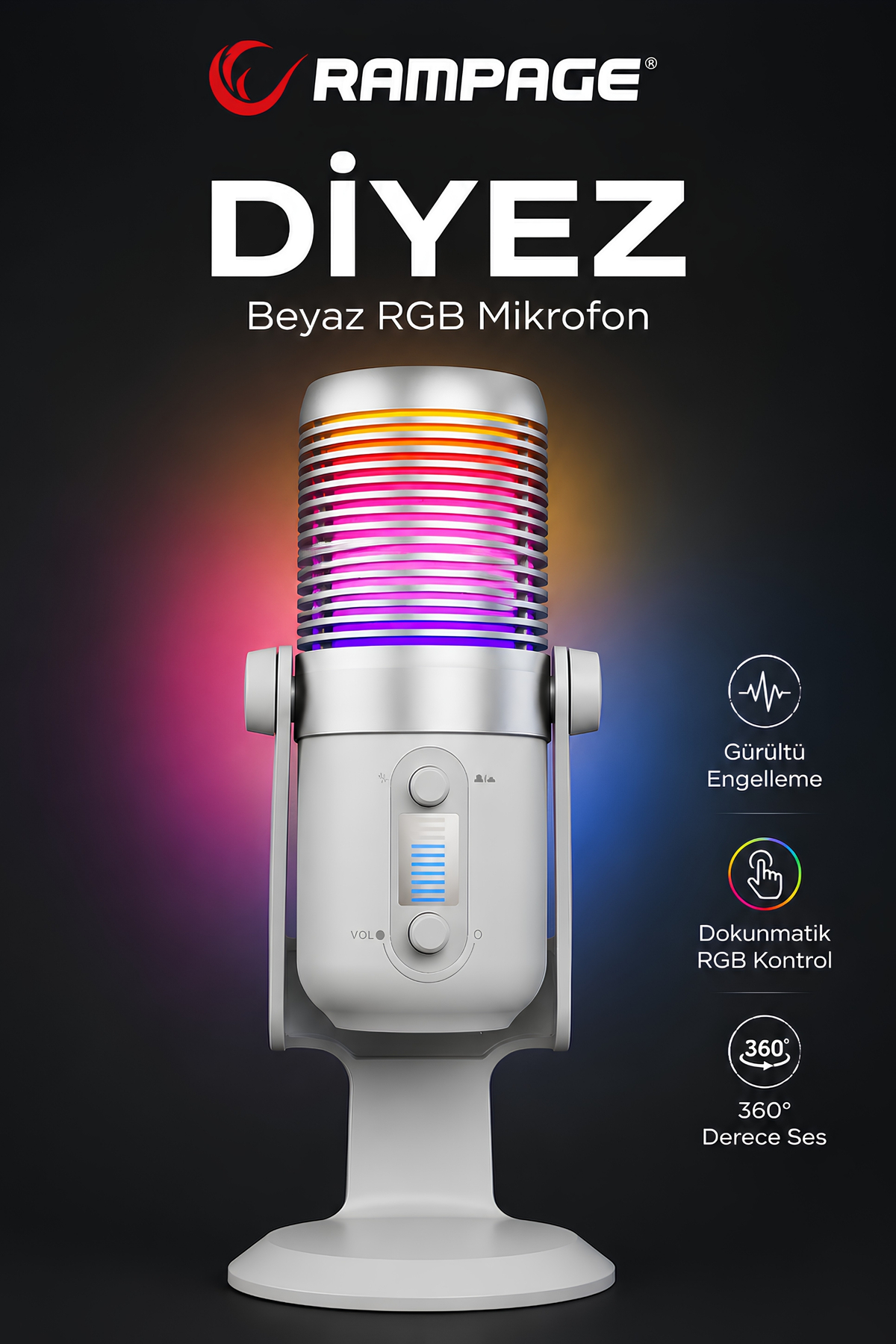 Diyez Beyaz Rgb Ses Gösterge Mikrofon Oyuncu Mikrofonu Yayıncı Mikrofonu Youtuber Mikrofonu 3