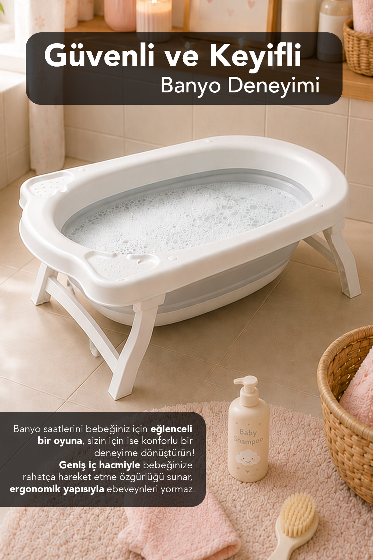 Katlanır Bebek Küveti - Akordiyon Çocuk Banyo Küveti Gri 3