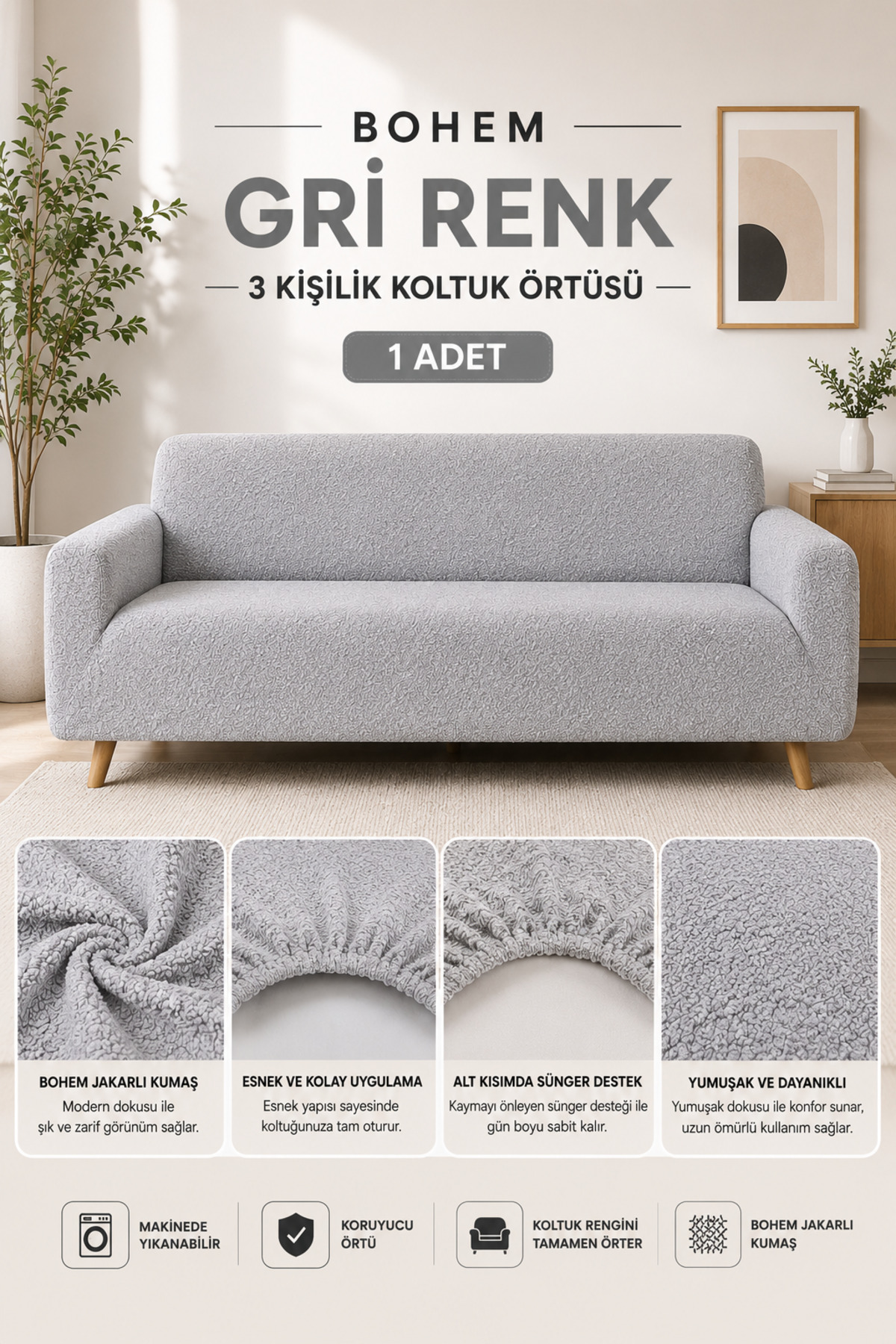 Bohemian Pattern 3 Seater Grey Sofa Cover | Rubber Seat Cover |Sofa Bed Cover| Sofa Cover