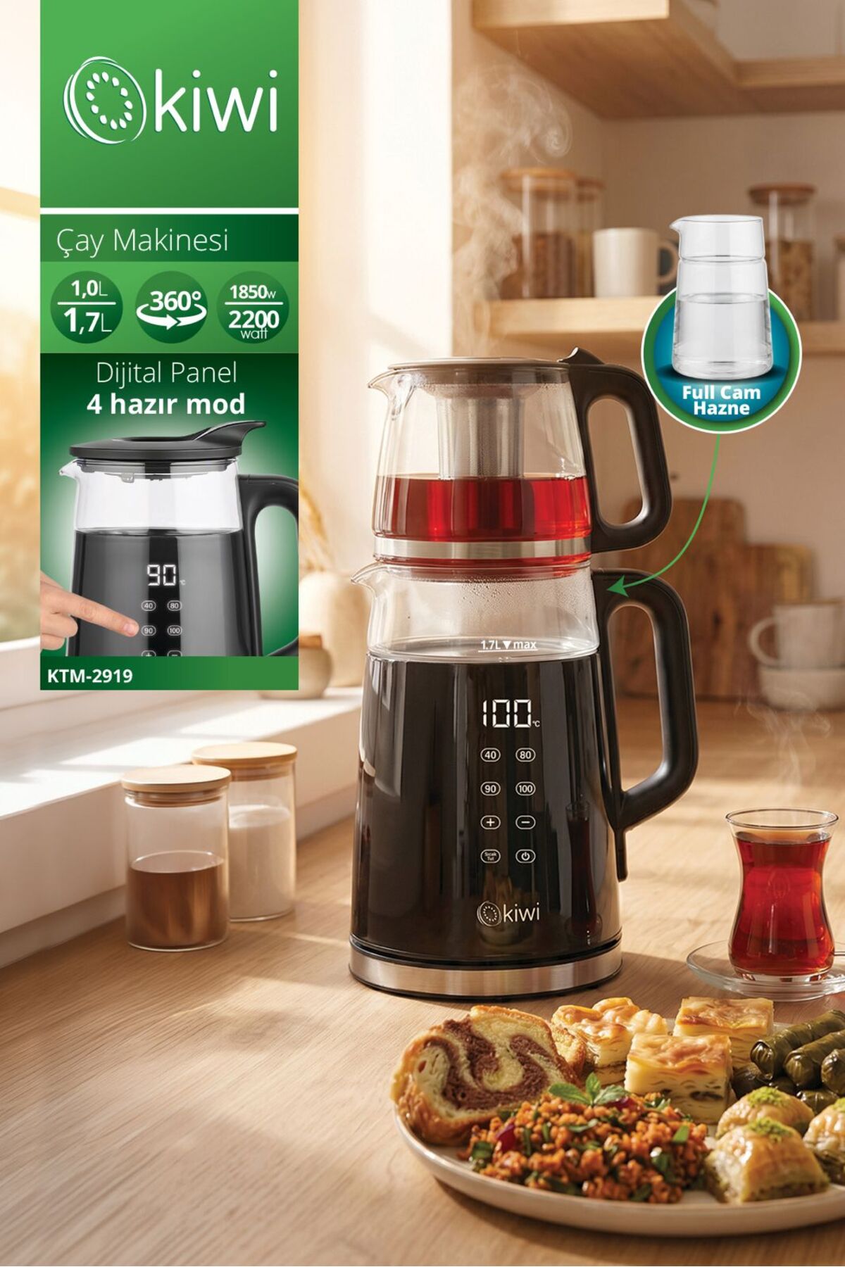 KTM-2919 Glass Tea Maker Electric Tea Maker | 1.7L & 1.0L Teapot & Degree Adjustable Digital Panel & Glass Kettle