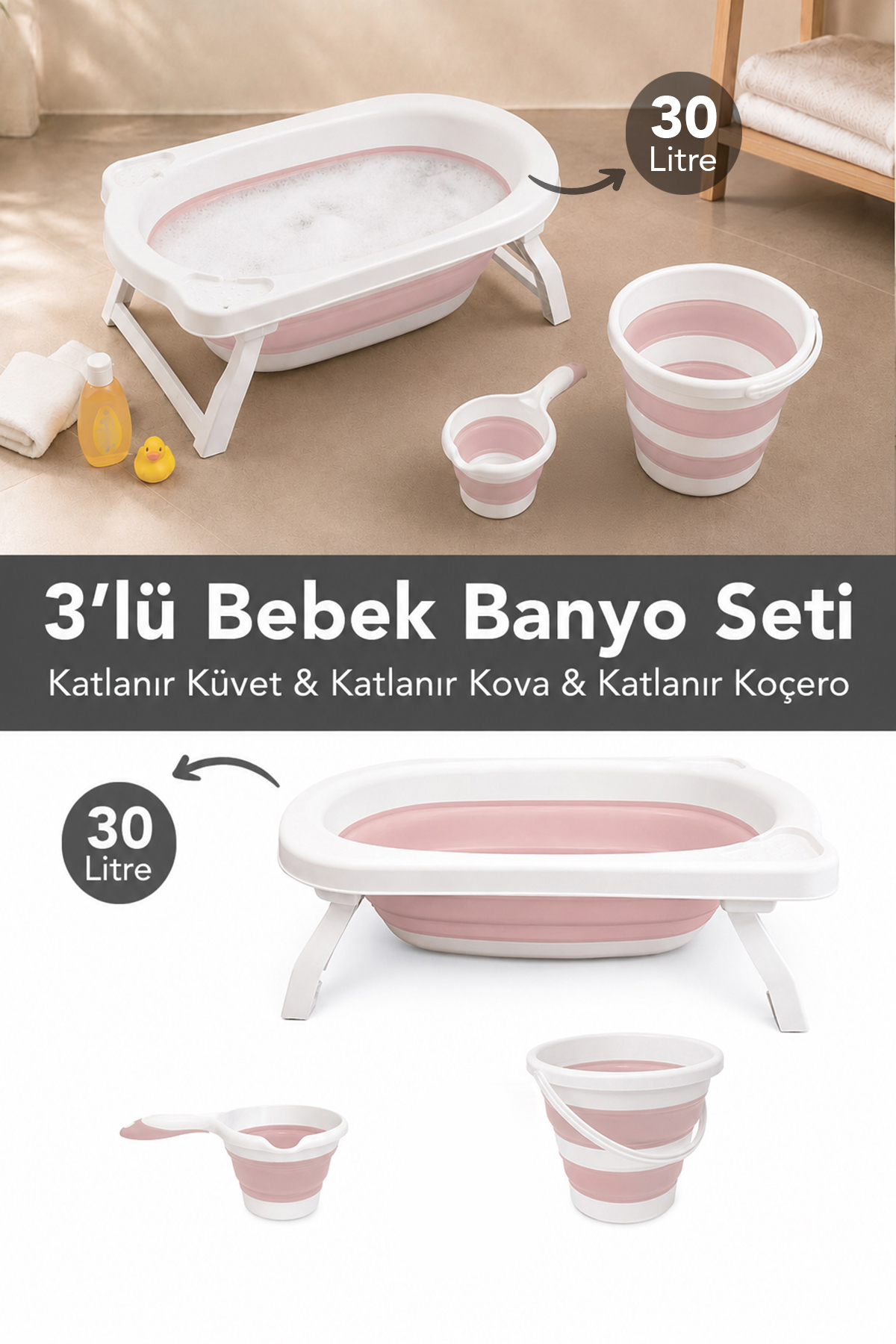 3-Piece Folding Baby Bathroom Set - Accordion Baby Bathtub Water Bucket Mug Set Pink