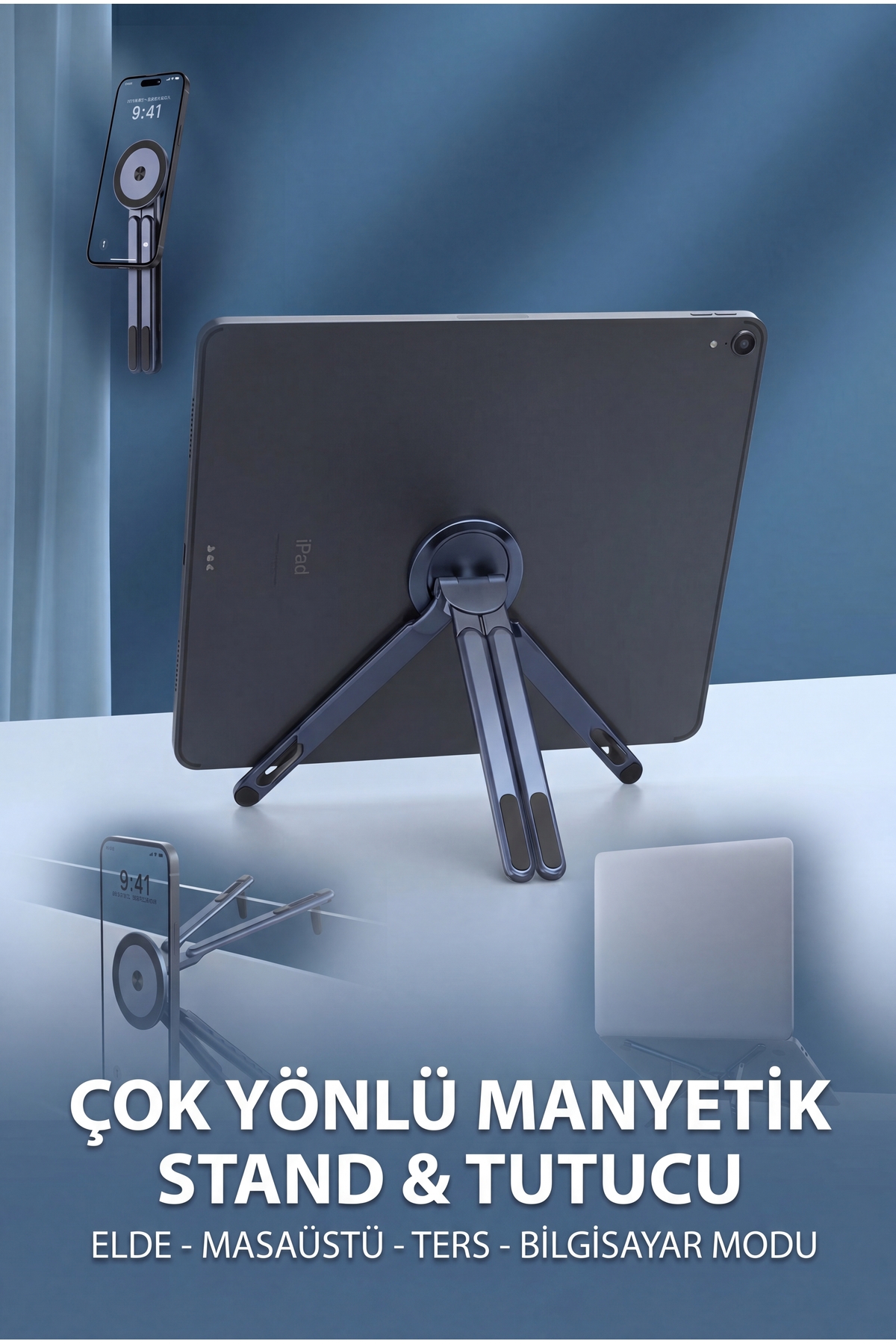 4'ü 1 Arada Manyetik Alüminyum Laptop Tablet Telefon Standı Tripod Katlanabilir Cep Boy Taşınabilir 4