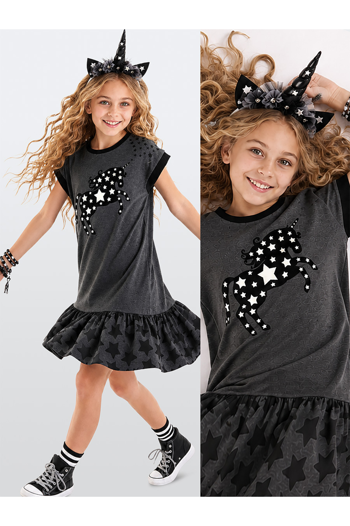 Starry Unicorn Ruffle Girl Summer Gray Dress