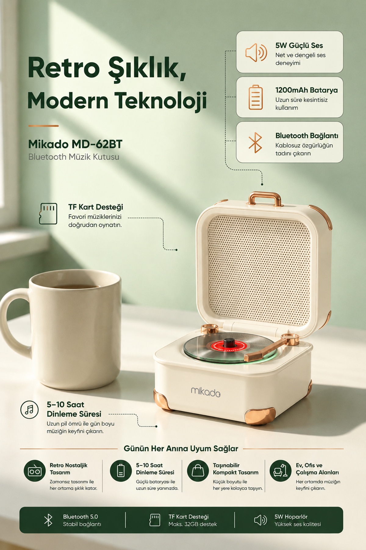 Bluetooth Speaker Retro Nostalgia Design Portable Jukebox 5W 1200mAh With Green TFCard Support