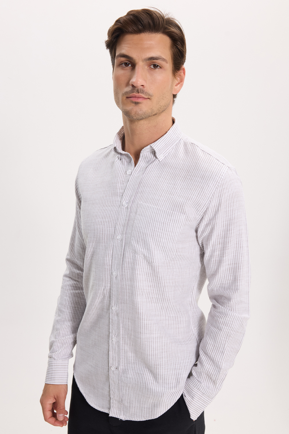 پیراهن تودورز مردانه کتان پنبه ای خاکی کژوال / روزمره راه راه Slim Fit/اسلیم فیت    Slim/اسلیم فیت کژوال/روزمره | Tudors DR250031 TR - تصویر 7