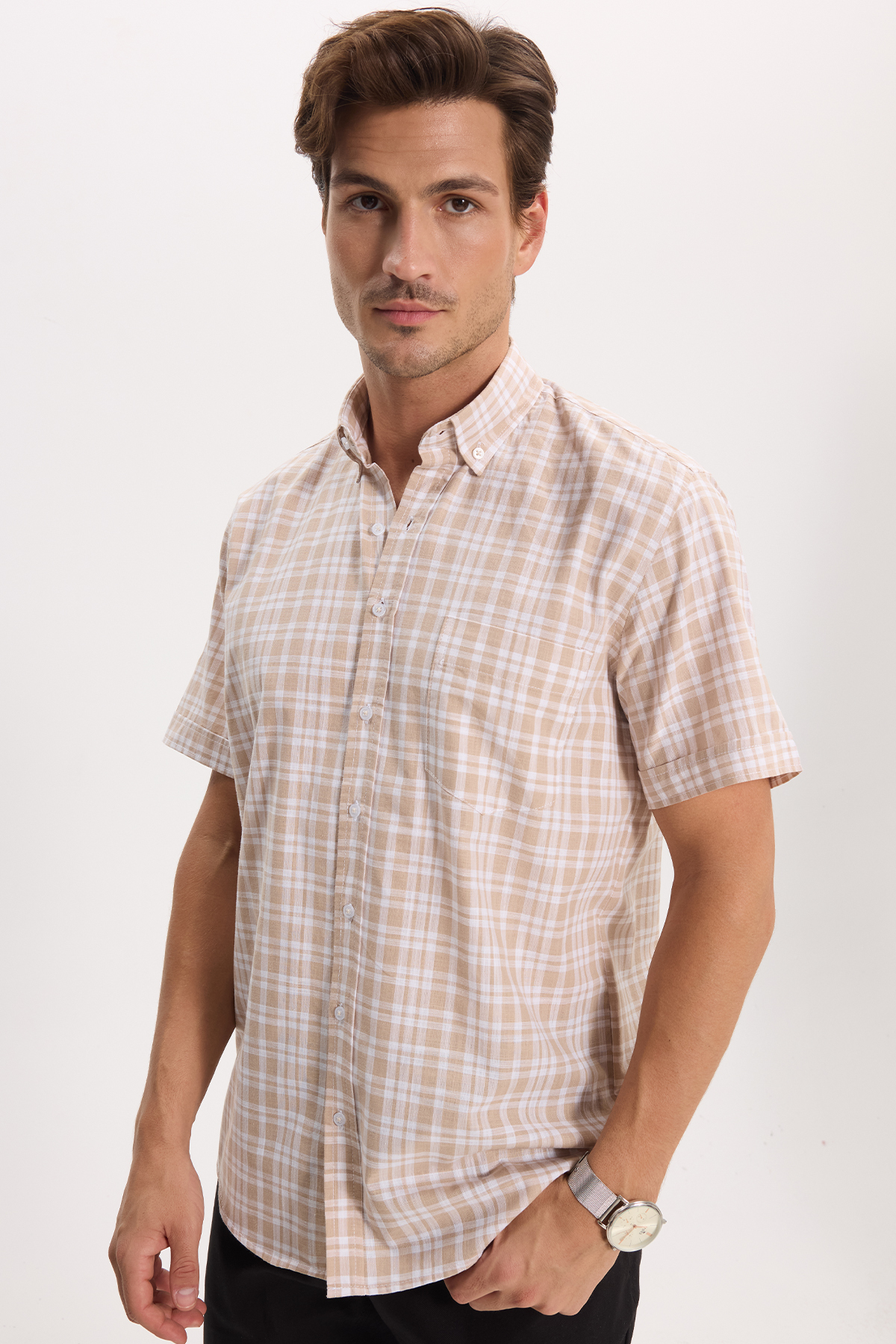Men's Regular Fit Classic Cut 100% Cotton Short Sleeve Plaid Linen Effect Pocket Beige Shirt