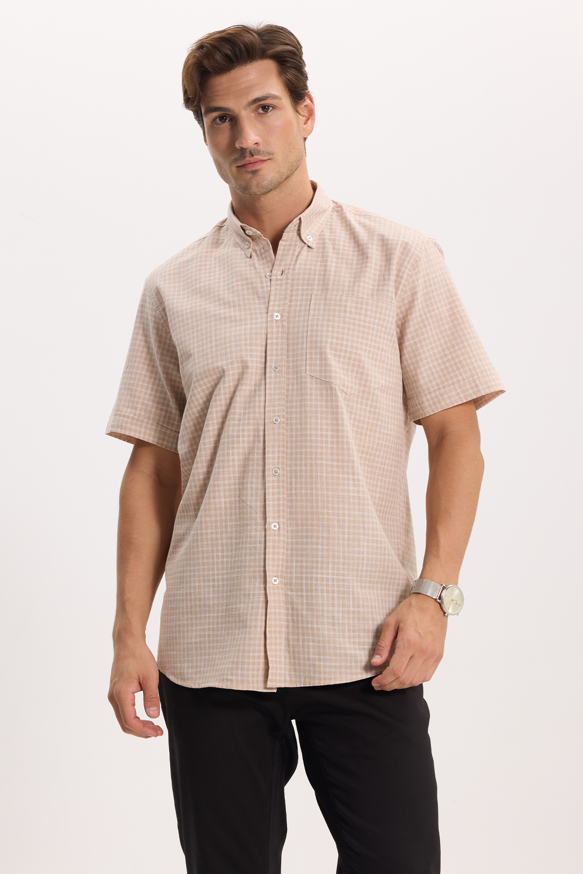 Men's Regular Fit Classic Cut 100% Cotton Short Sleeve Plaid Linen Effect Pocket Beige Shirt