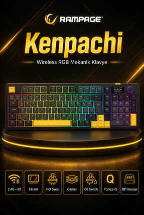 Rampage Kenpachi Ekranlı 2.4G + BT Wireless RGB Hot Swap Gasket Oil Switch Me...