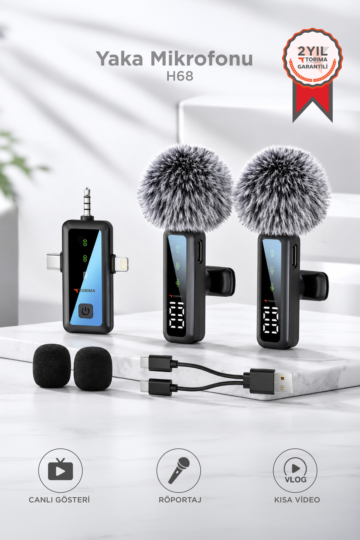 Collar Microphone Type-C Lightning Aux 2pcs 3in1 Wireless Microphone H68 Black