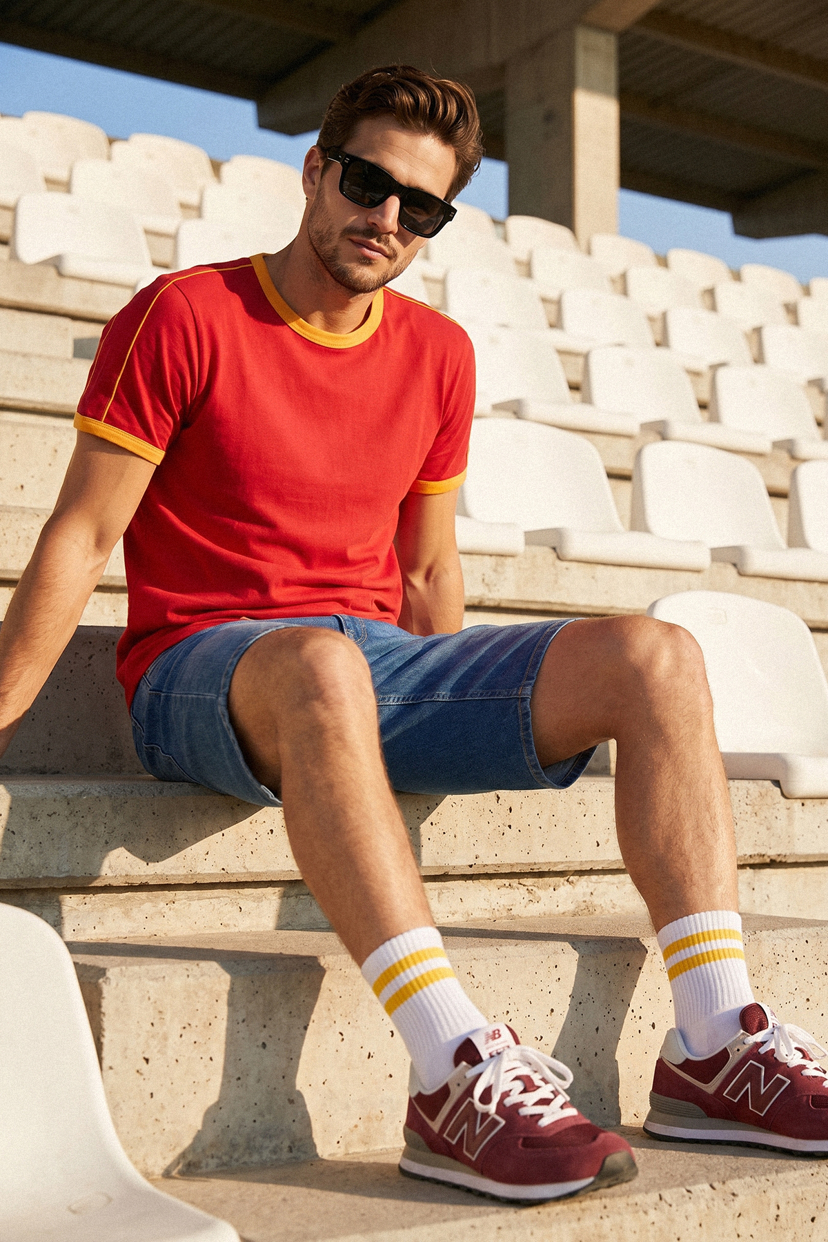 Trendyolmilla Man Kırmızı Düşük Omuz Regular Kalıp Şerit Detaylı %100 Pamuk T-Shirt TMNSS26TS00078