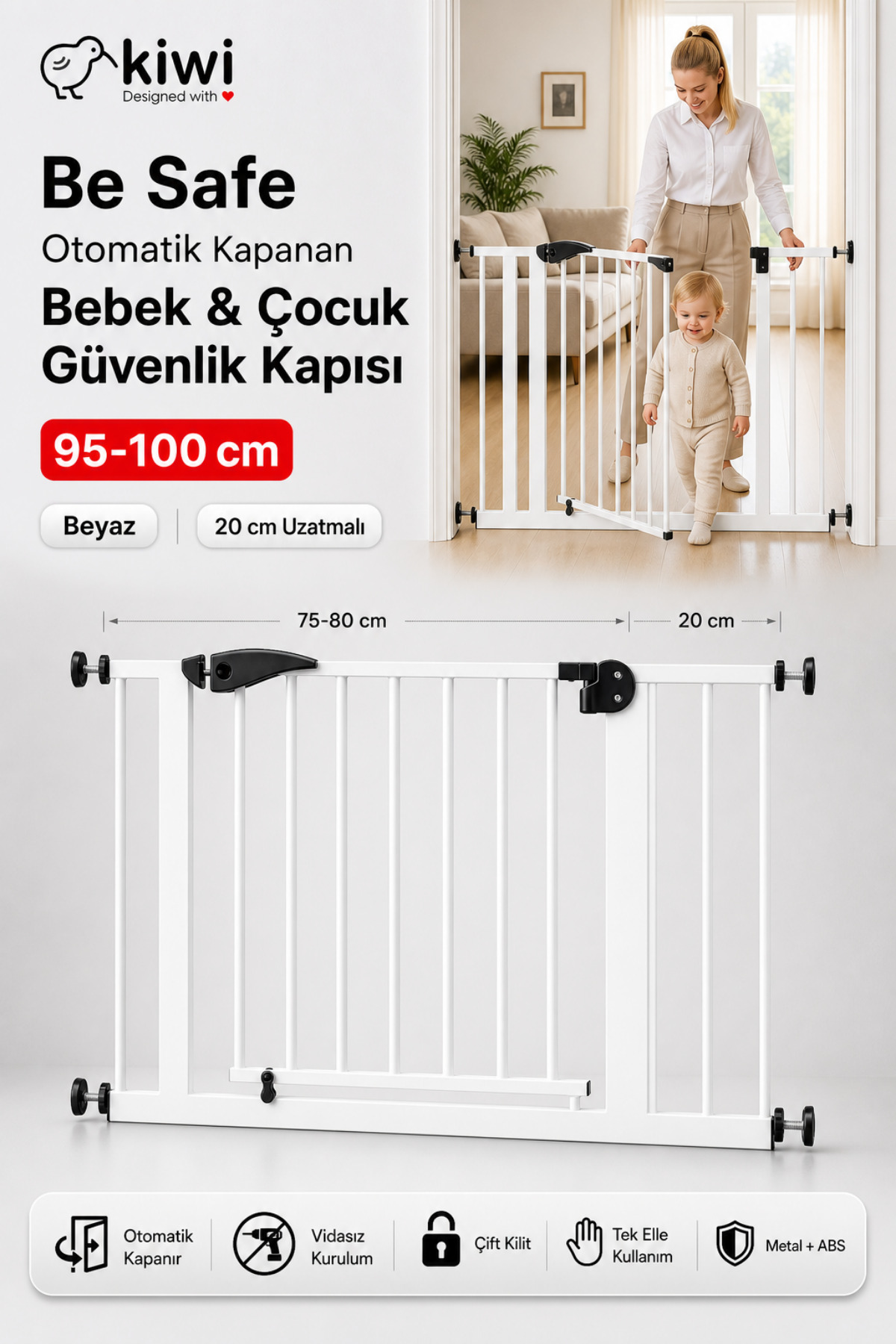 Be Safe Baby Safety Door Suitable for 95-100 cm - Child Safety Door- White