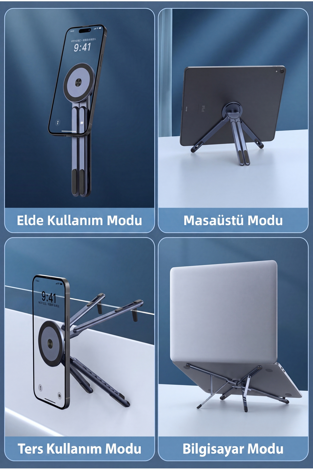 4'ü 1 Arada Manyetik Alüminyum Laptop Tablet Telefon Standı Tripod Katlanabilir Cep Boy Taşınabilir 3