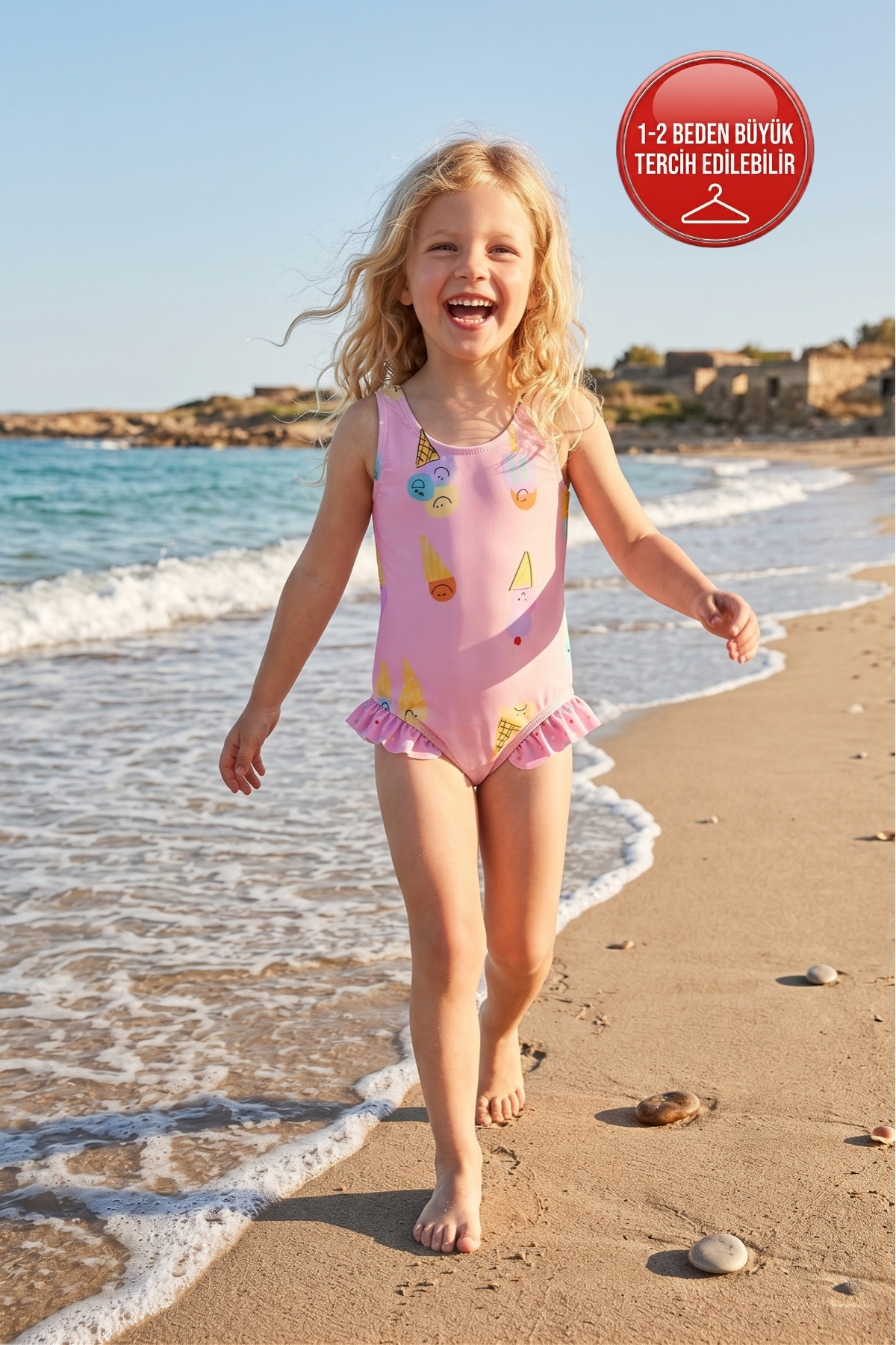 Girls Swimwear Ice Cream Pattern Ruffle Detailed Herpes Pink