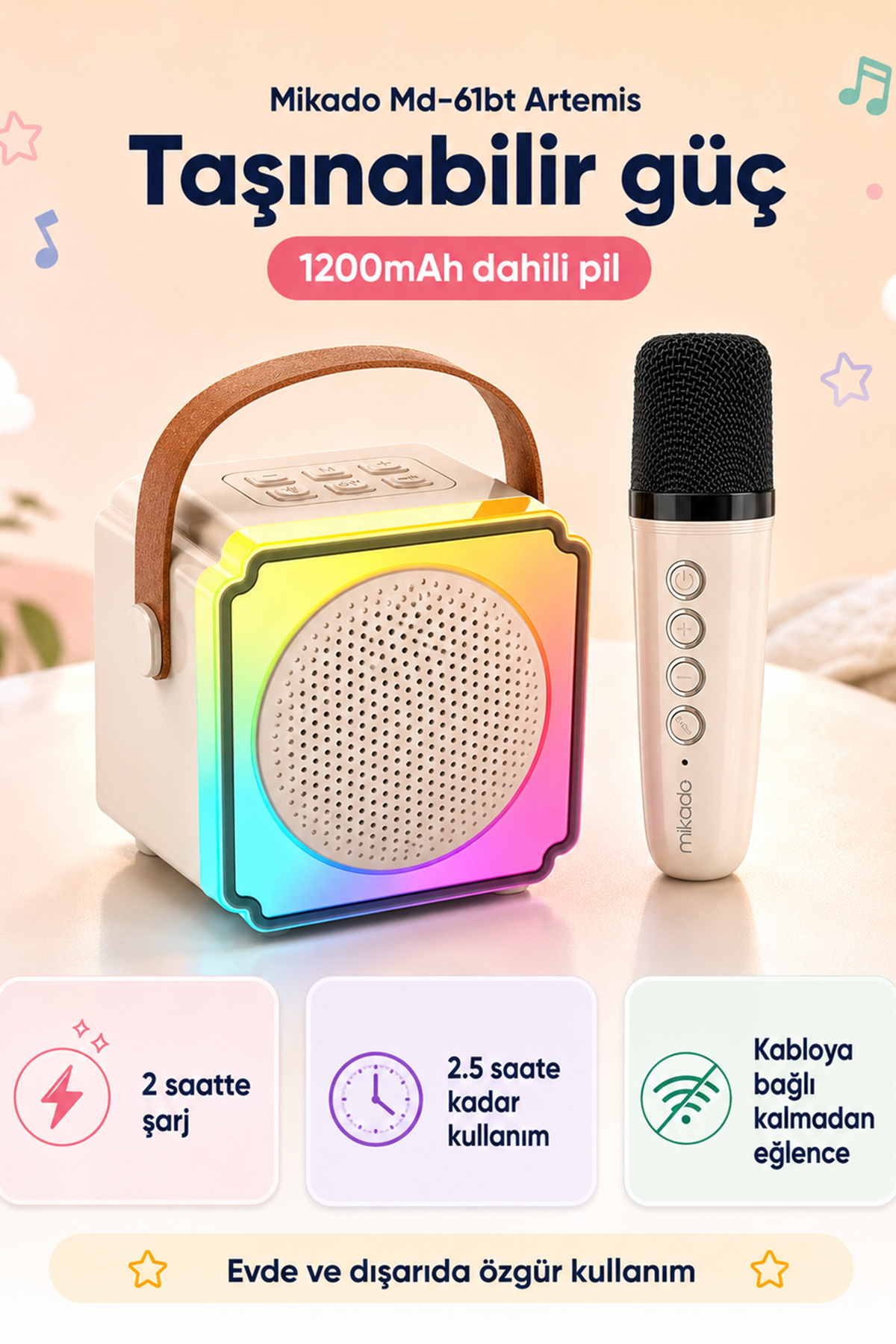 MD-61BT Artemis Krem TF Kart+USB+Bluetooth Destekli Wireless Karaoke Mikrofonlu 1200mAh Taşın 7