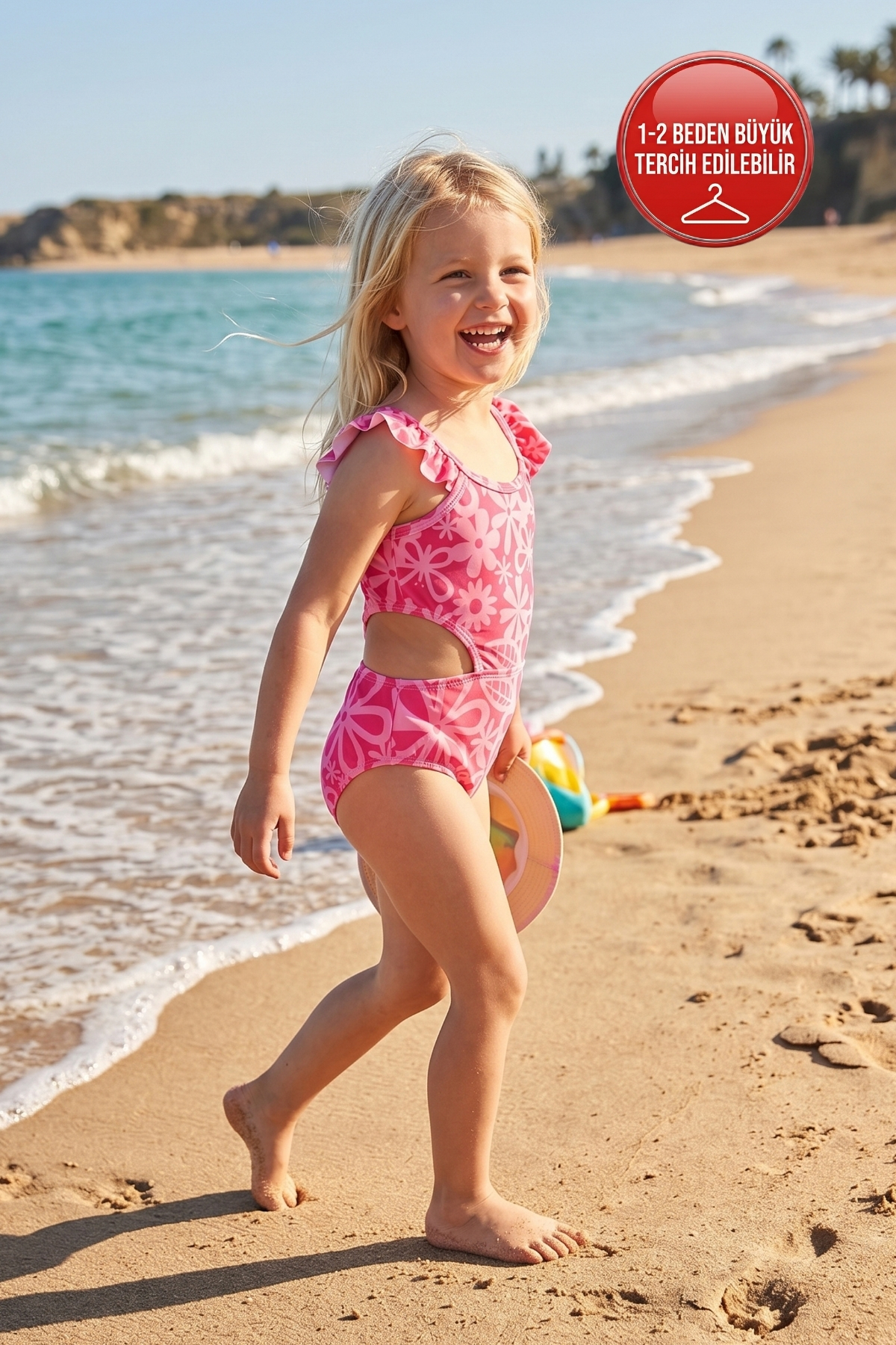 Girls Swimwear Floral Ruffle Detailed Dark Pink