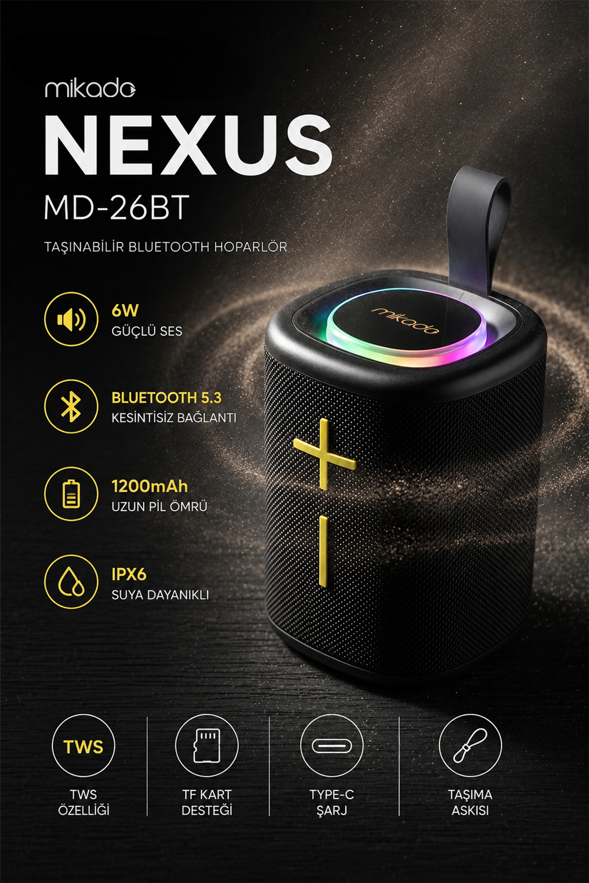 Md-26bt Nexus Siyah 6w 1200mah Usb-tf-tws-ıpx6 Bluetooth Hoparlör