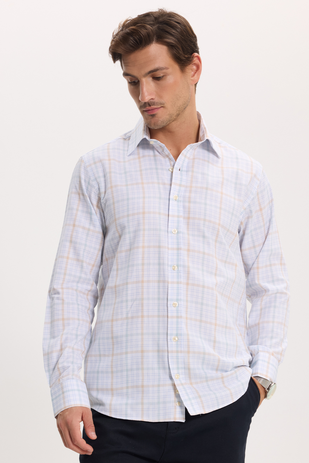 پیراهن تودورز مردانه پاموک سفید  راه راه Slim Fit/اسلیم فیت    بیسیک کژوال/روزمره | Tudors KL260003 TR - تصویر 5
