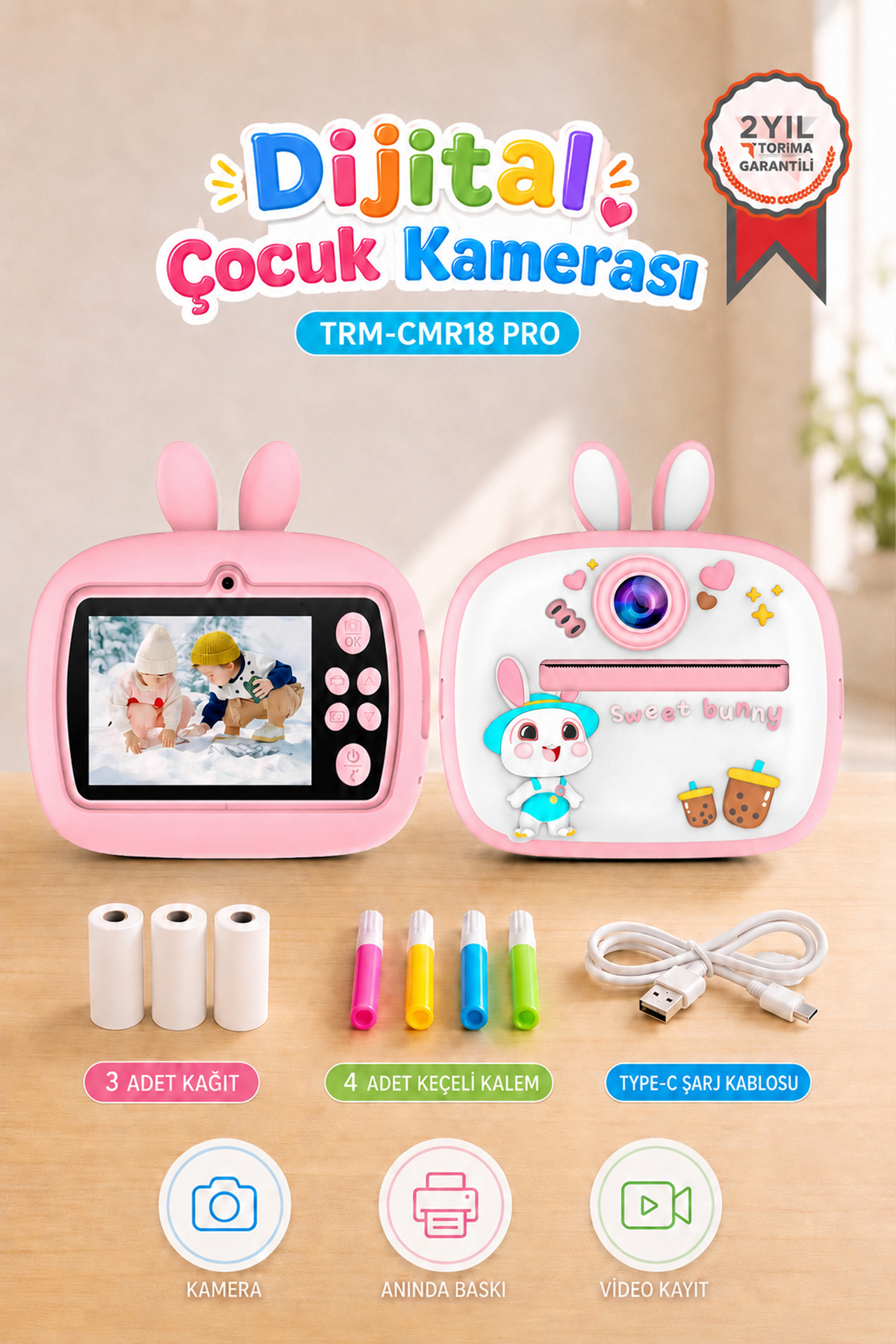 Digital Camera Kids Thermal Picture Paper Print Printer Camera Video Machine CMR18 Pink