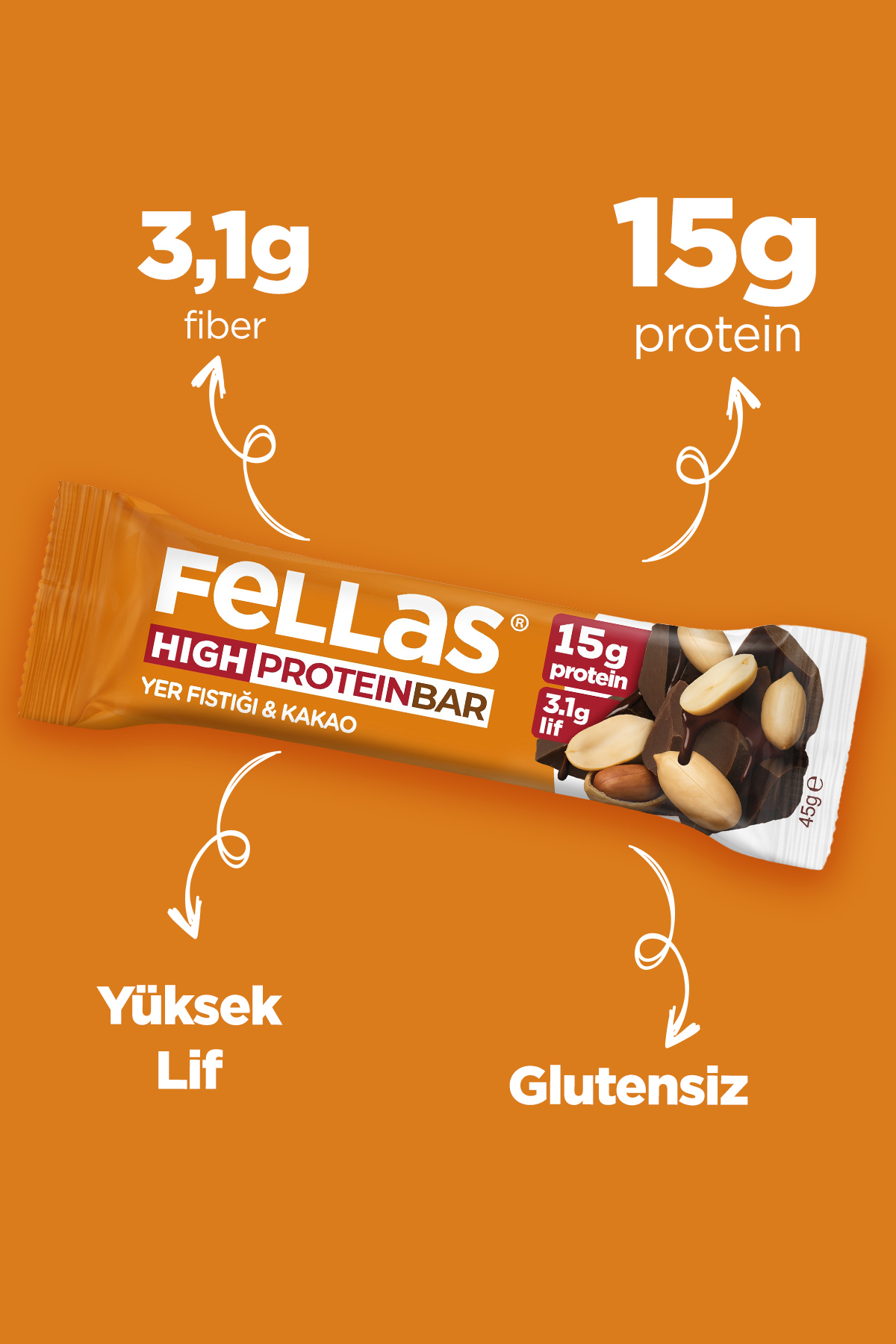 Yüksek Protein Bar - Yer Fıstıklı ve Kakaolu (45 g) x 12 Adet 3