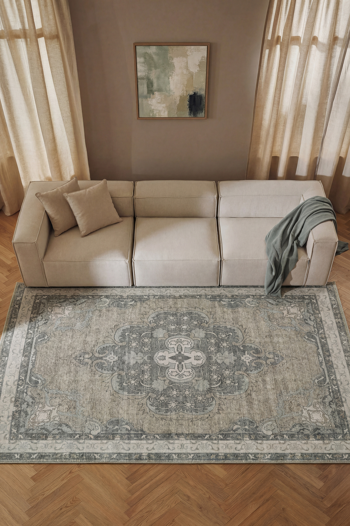 Private XW Green Grey Vintage Carpet Classic Soft Modern Chenille Antique Living Room Rug