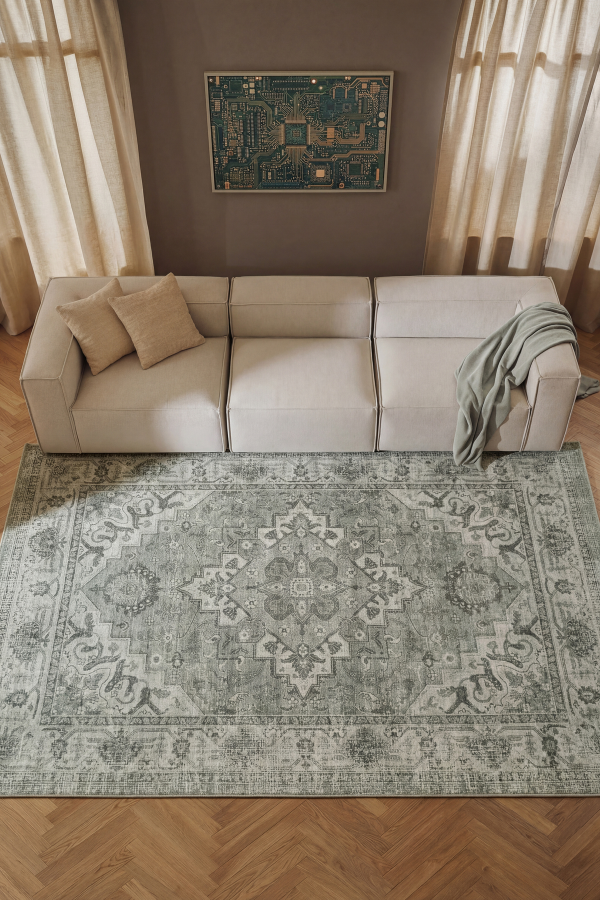 Private XW Light Gray Vintage Carpet Classic Soft Modern Antique Patterned Chenille Living Room Rug