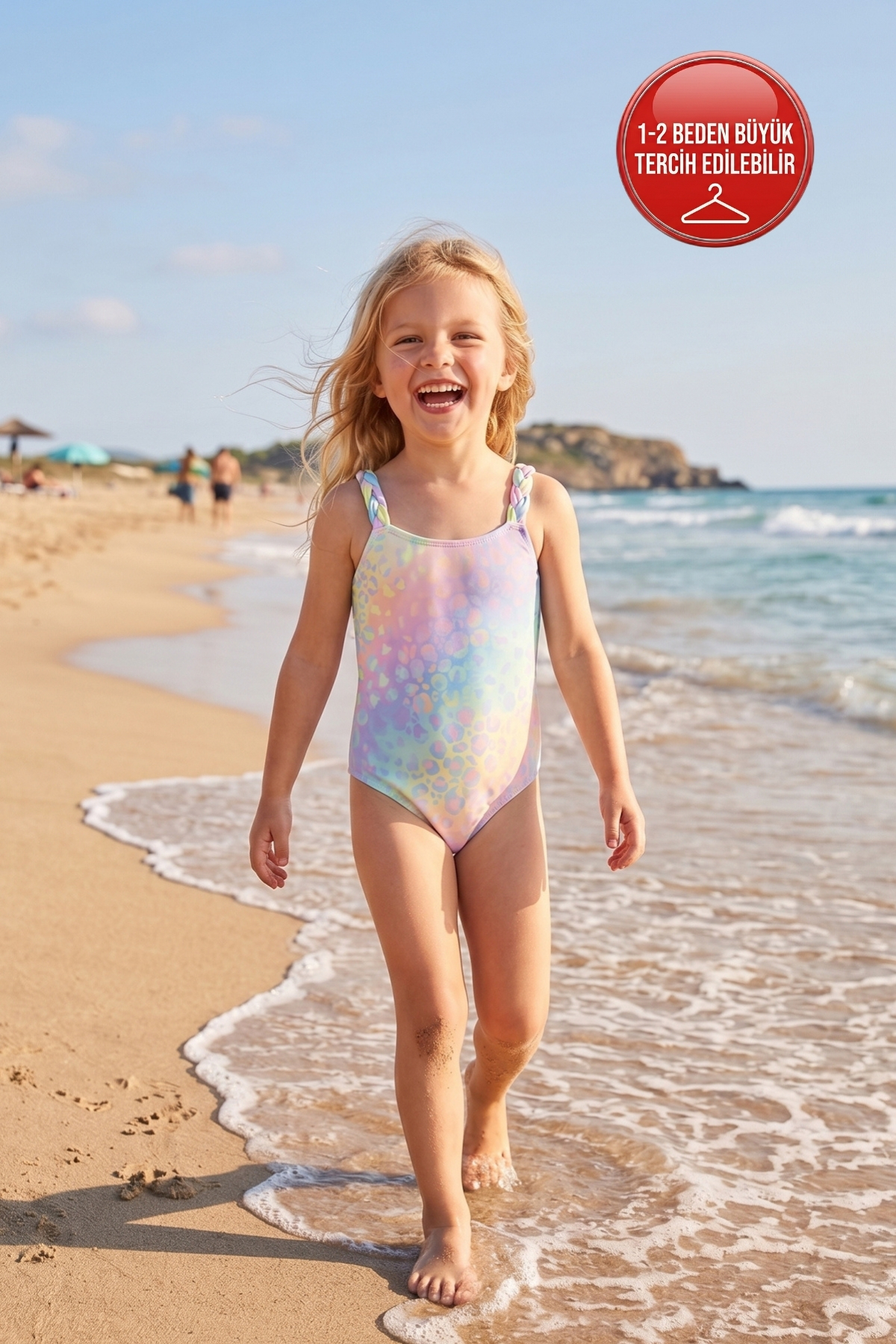 Girls Swimwear Knit Detailed Leopard Pattern Blue