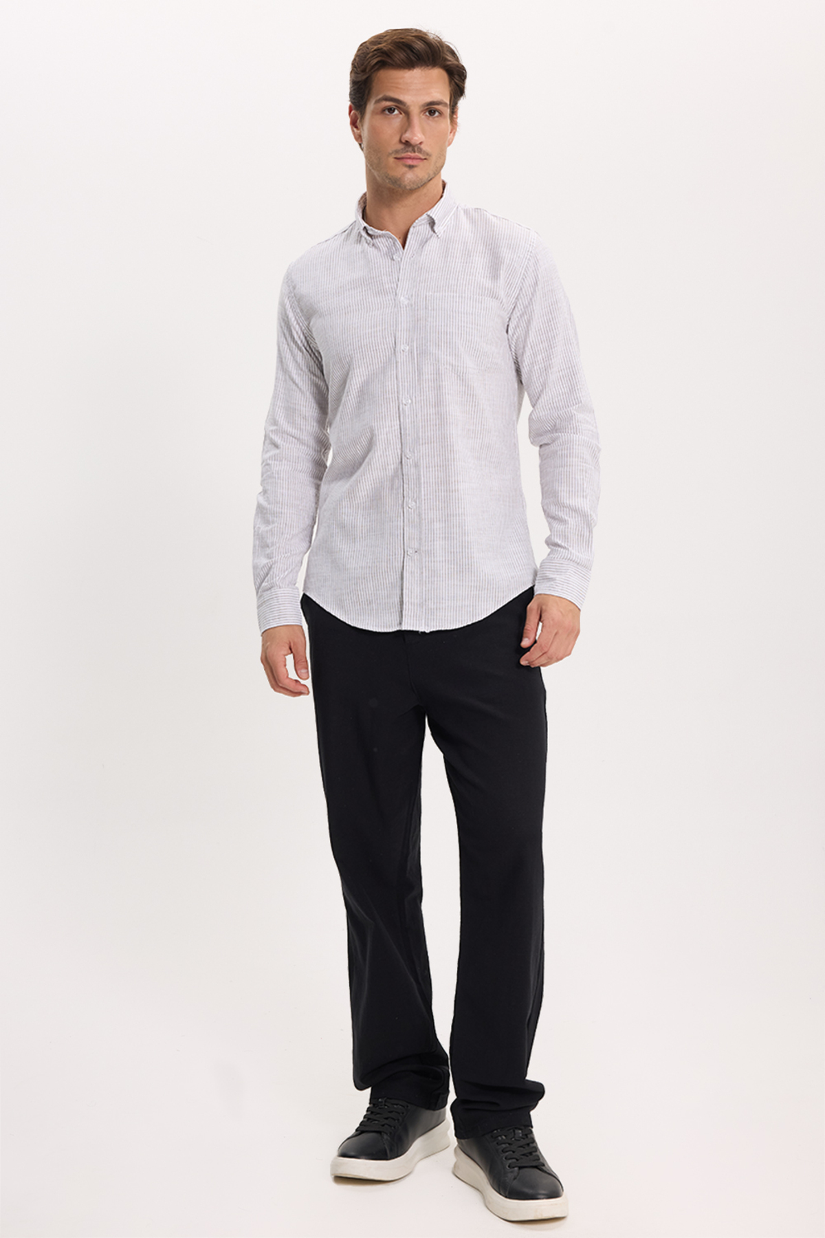پیراهن تودورز مردانه کتان پنبه ای خاکی کژوال / روزمره راه راه Slim Fit/اسلیم فیت    Slim/اسلیم فیت کژوال/روزمره | Tudors DR250031 TR - تصویر 3