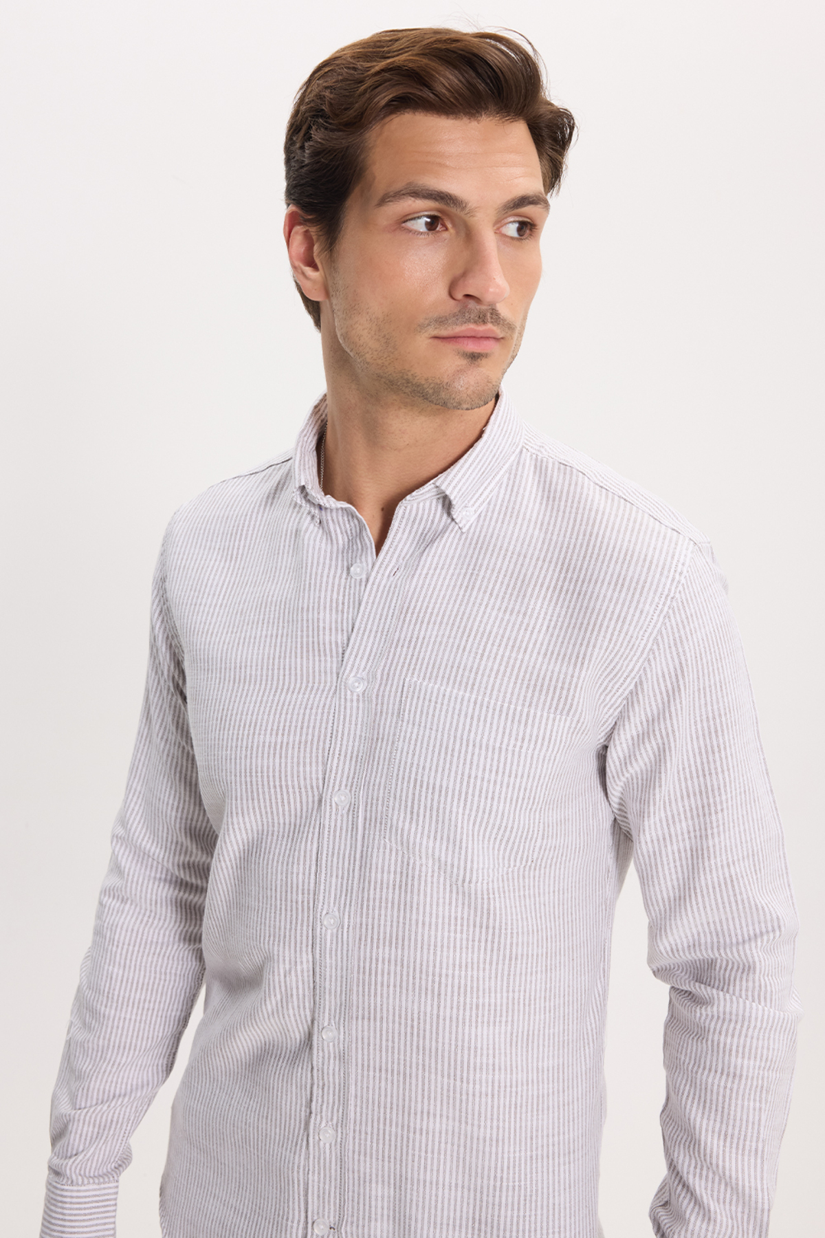 پیراهن تودورز مردانه کتان پنبه ای خاکی کژوال / روزمره راه راه Slim Fit/اسلیم فیت    Slim/اسلیم فیت کژوال/روزمره | Tudors DR250031 TR - تصویر 8