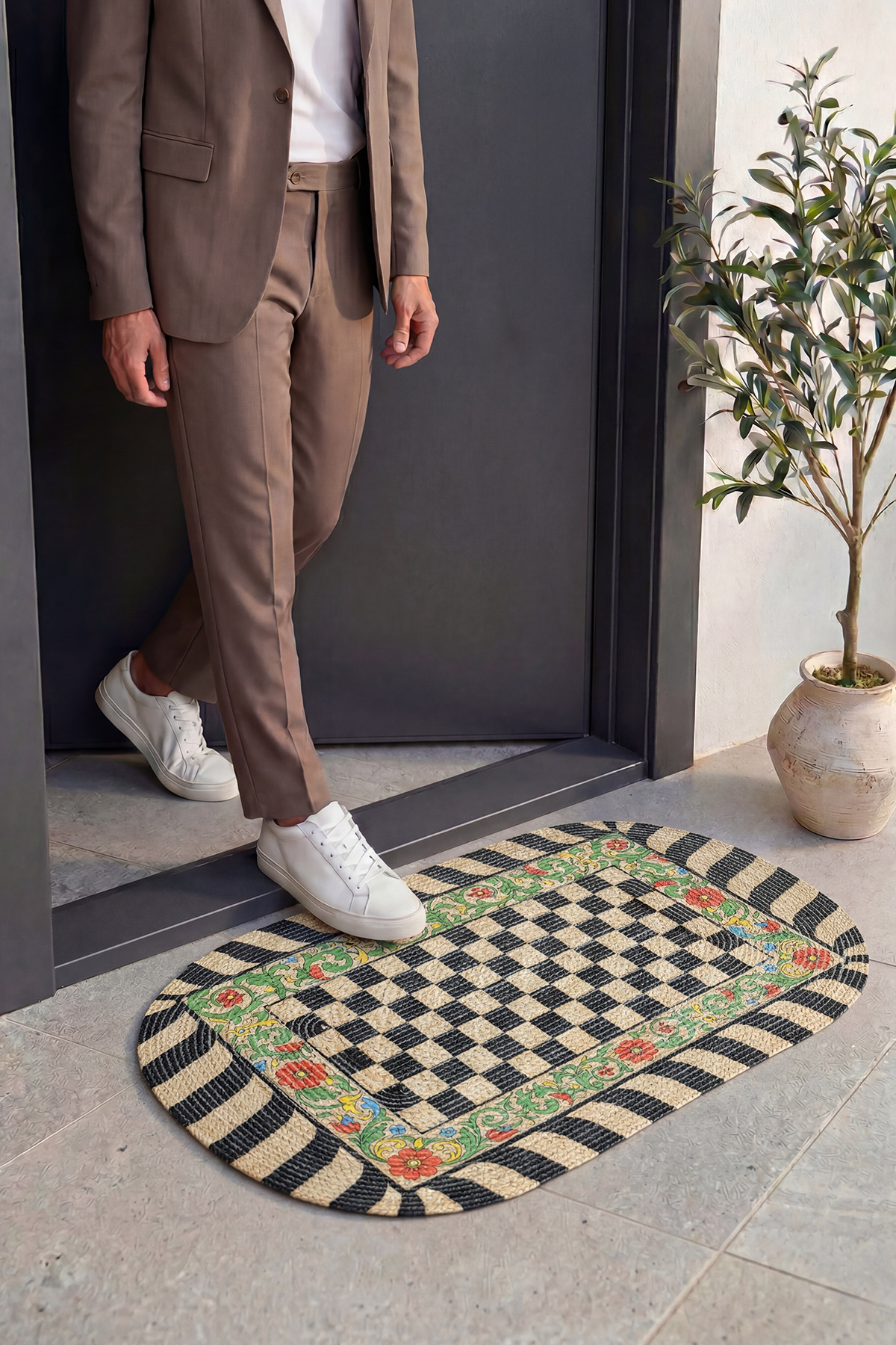Passy Decorative Door Front Mat Floral Checker Pattern Jute Look Farmhouse Entrance Mat