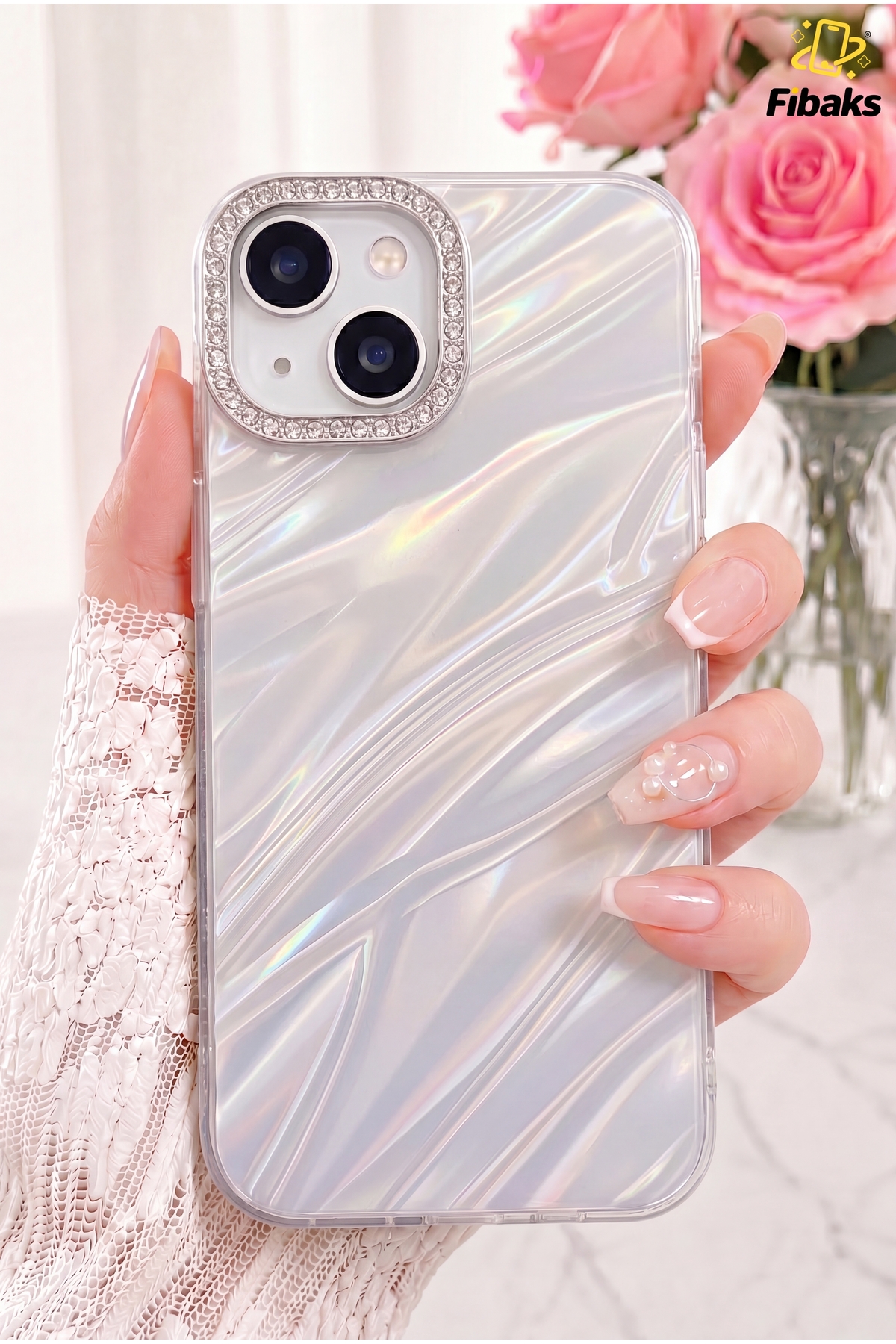 iPhone 13/14/15 Shiny Wave Pattern Camera Framed Shock Absorber Protected Silicon Silver with Case Gemstone
